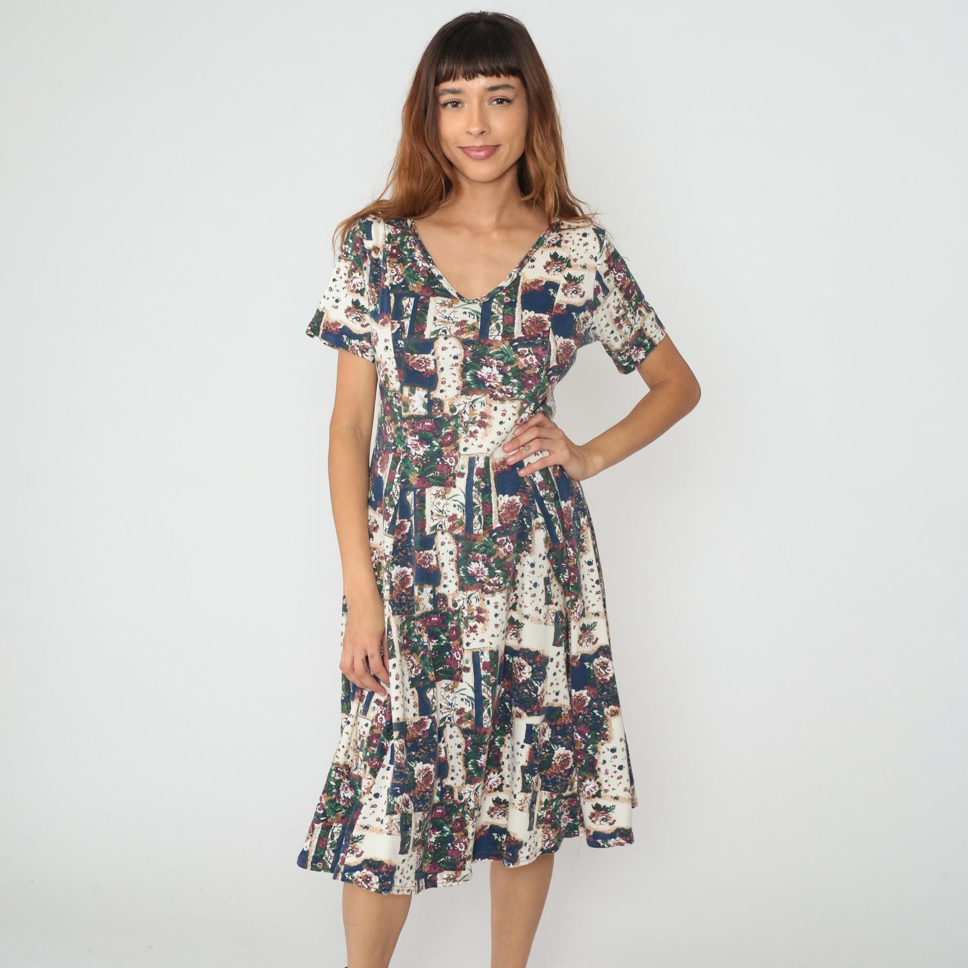 90s Patchwork Floral Midi Dress Cream Navy Burgundy Green Cotton V-Neck Medium M