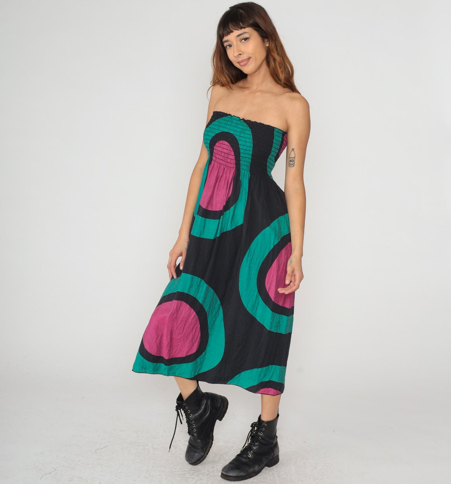 Y2K Hot and Delicious Strapless Dress Geometric Print Black Teal Magenta Large L