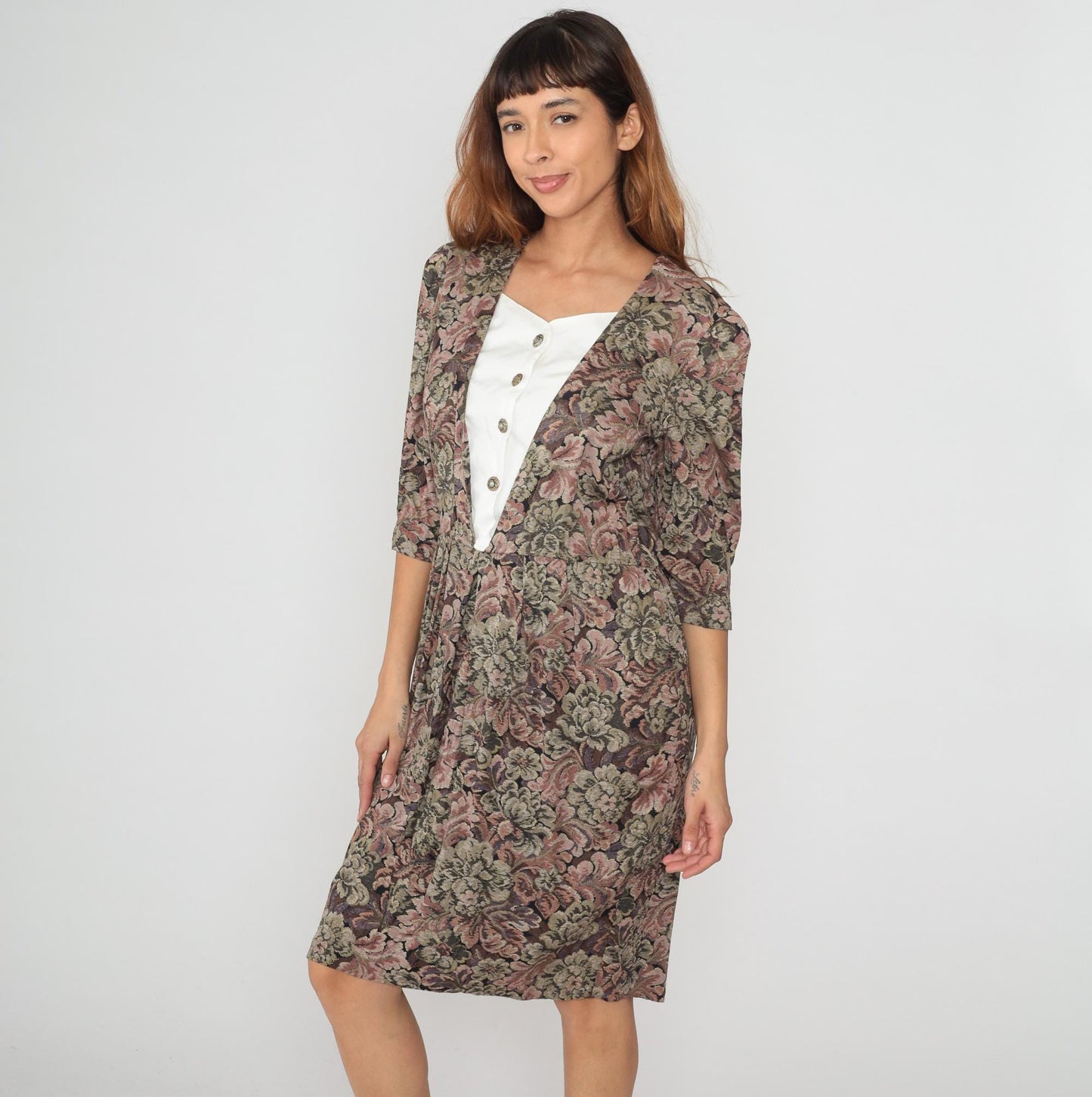90s Peri Petites Floral Dress White Bib Front Button Gathered Waist Large