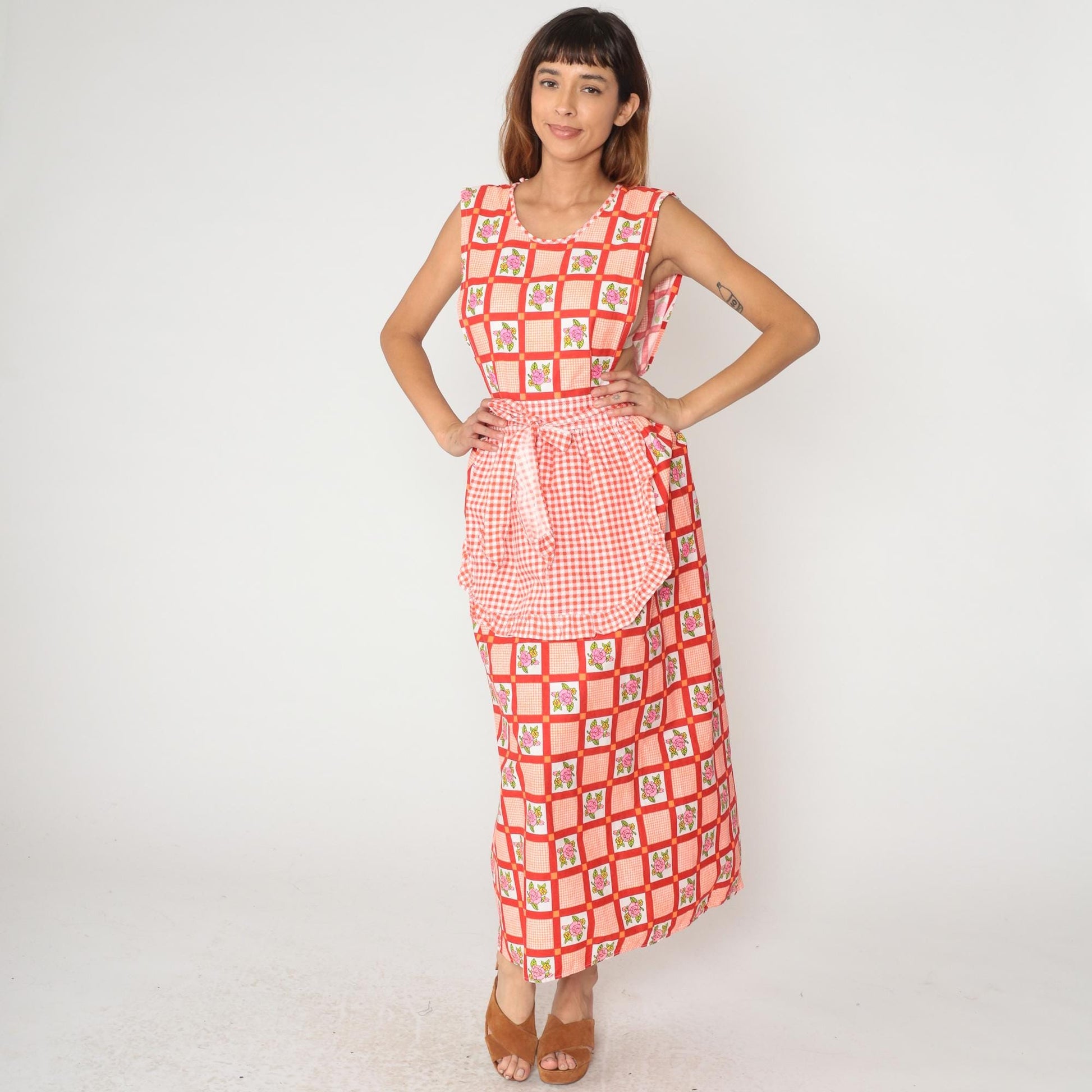 70s Design House Gingham Floral Maxi Dress Red White Pinafore Apron Small