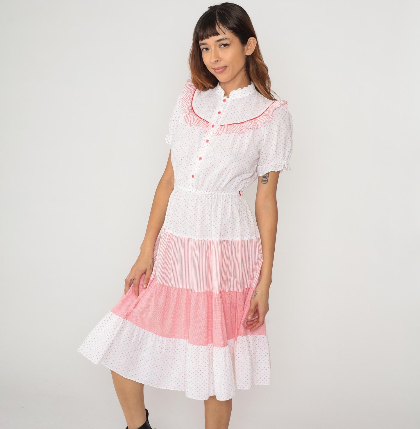 80s White Polka Dot Pink Striped Midi Dress Peter Pan Collar Puff Sleeve Medium