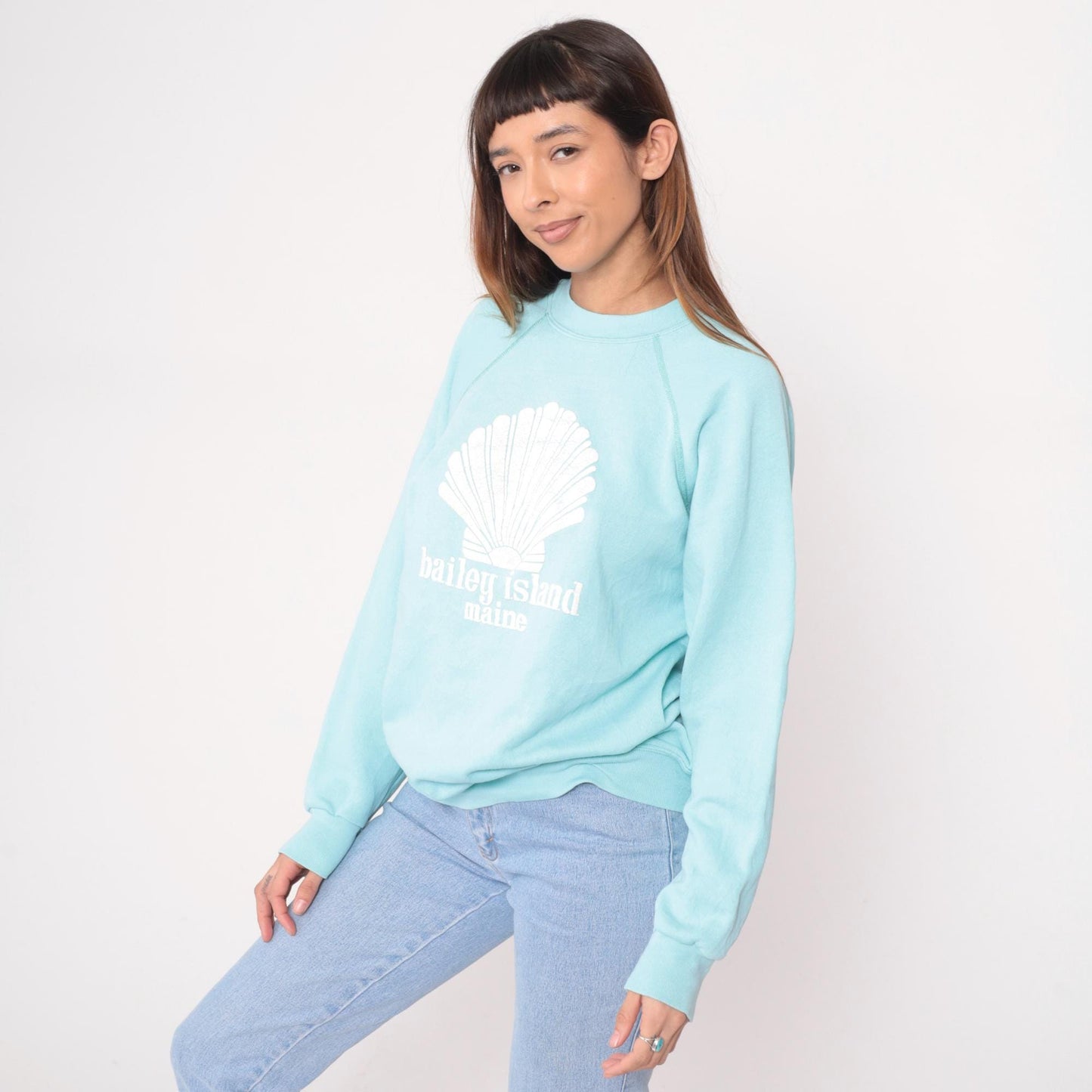 80s Tultex Bailey Island Maine Seashell Raglan Sweatshirt Light Blue Large