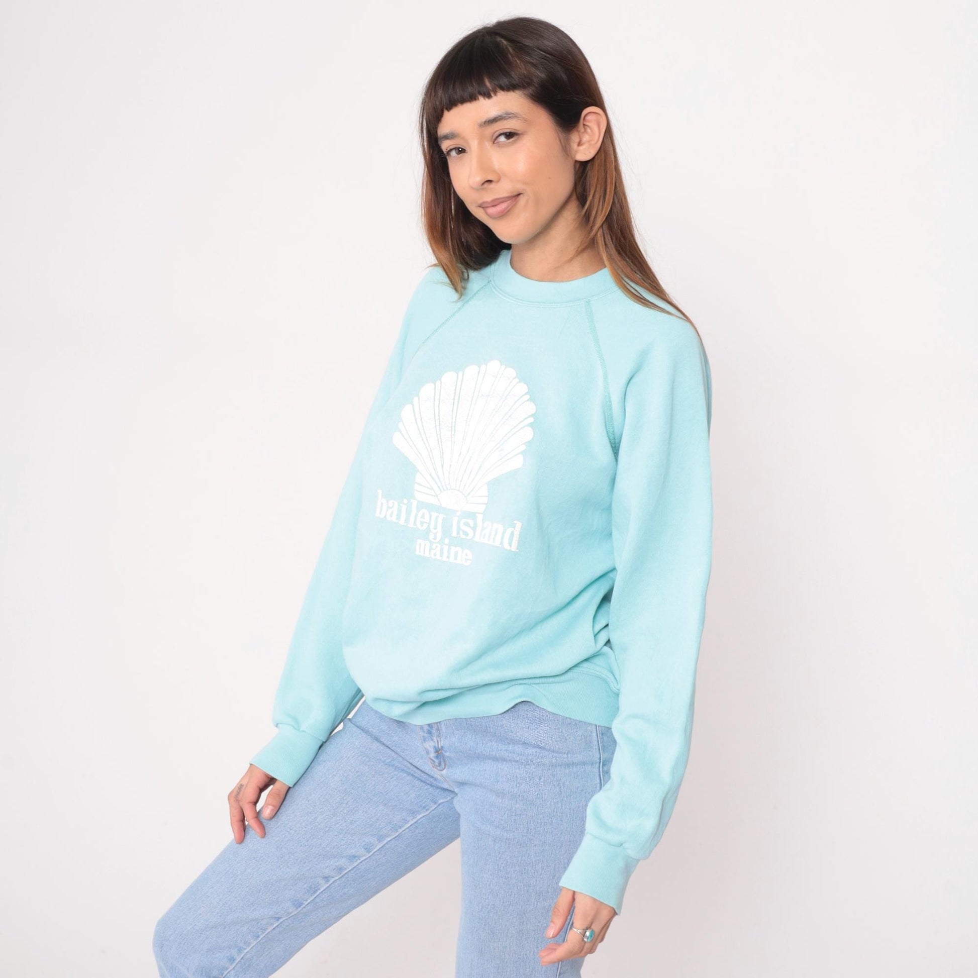 80s Tultex Bailey Island Maine Seashell Raglan Sweatshirt Light Blue Large