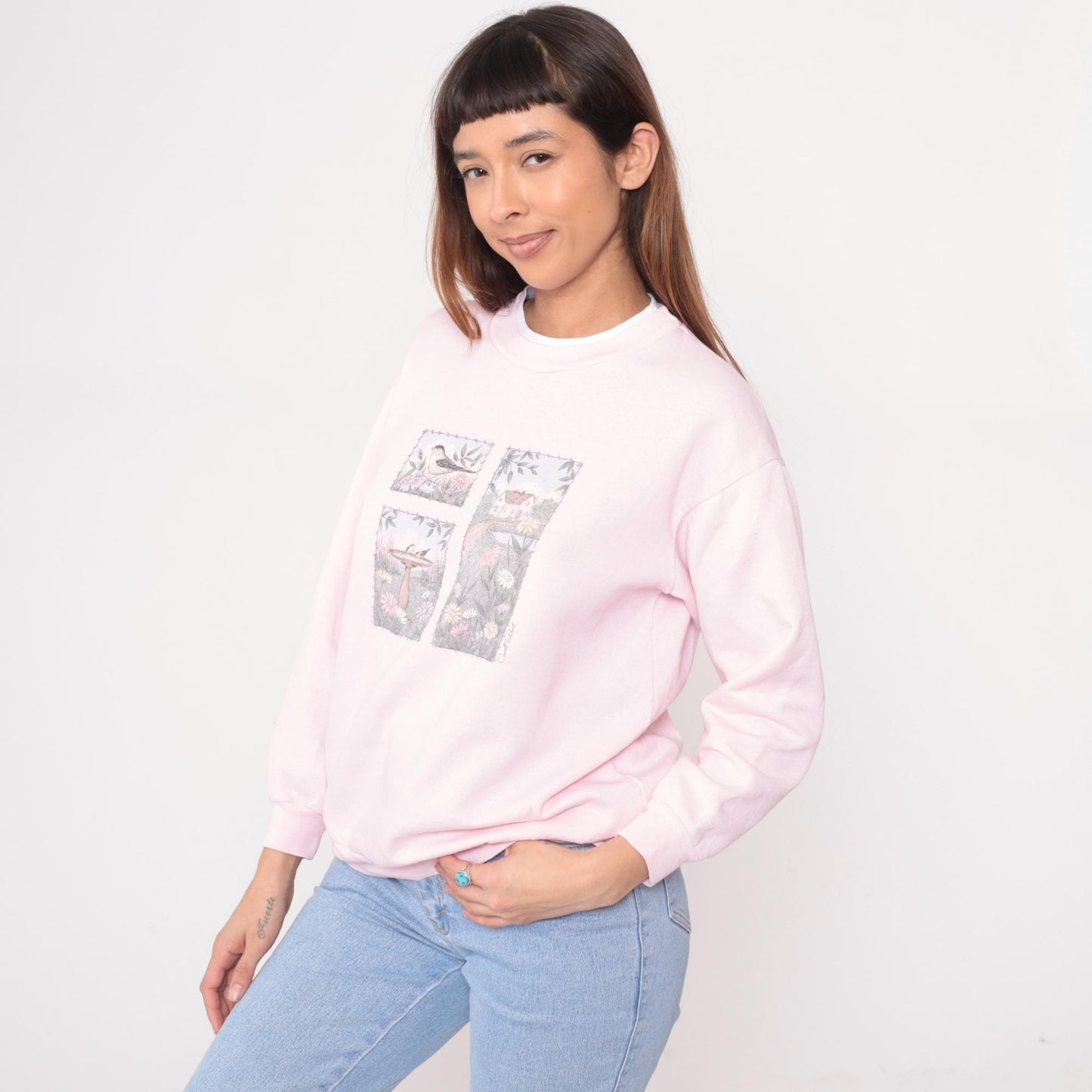 90s Caroll Reed Pink Sweatshirt Bird Garden Cottage Graphic Crew Medium M