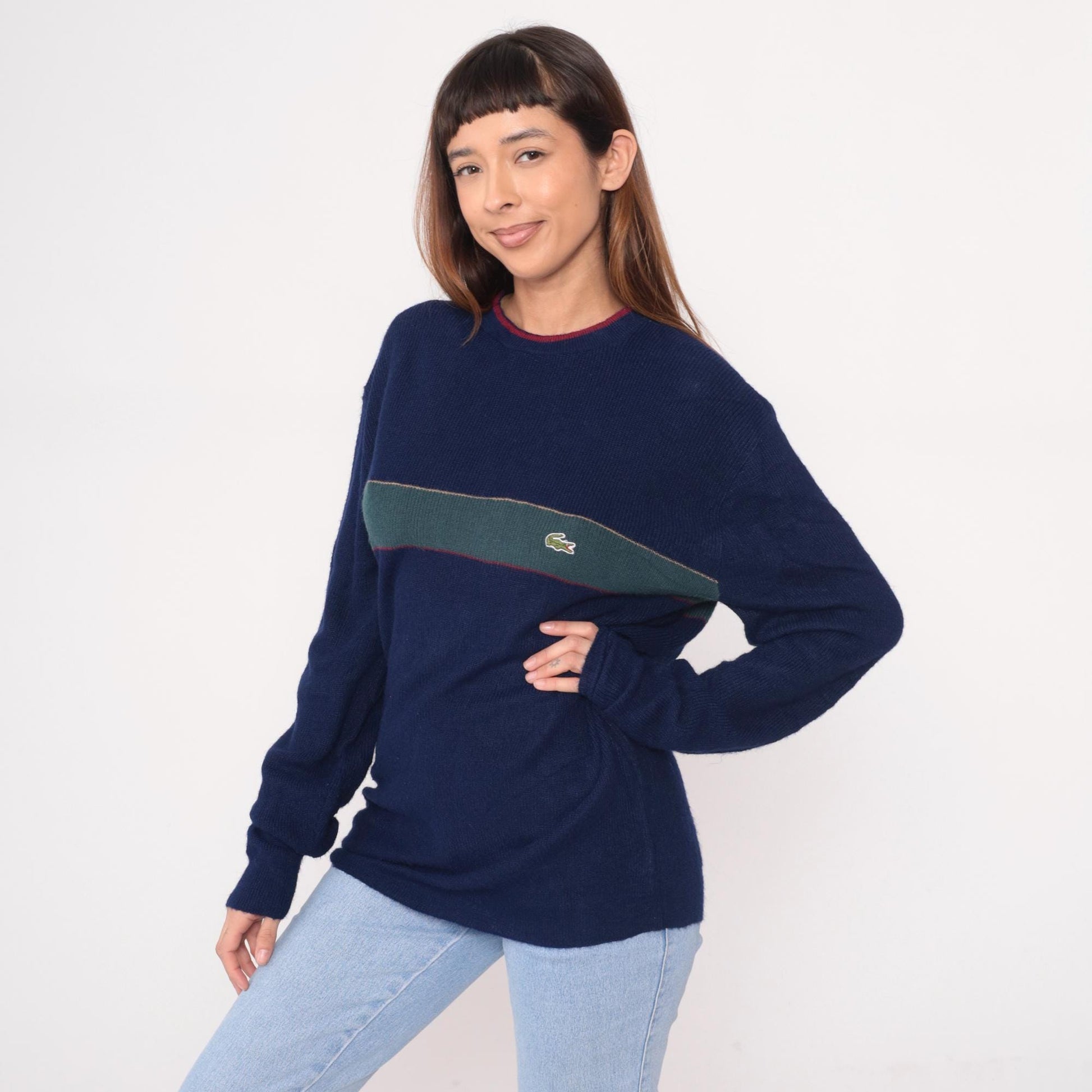 80s Izod Lacoste Navy Sweater Green Stripe Crocodile Crew Neck Large