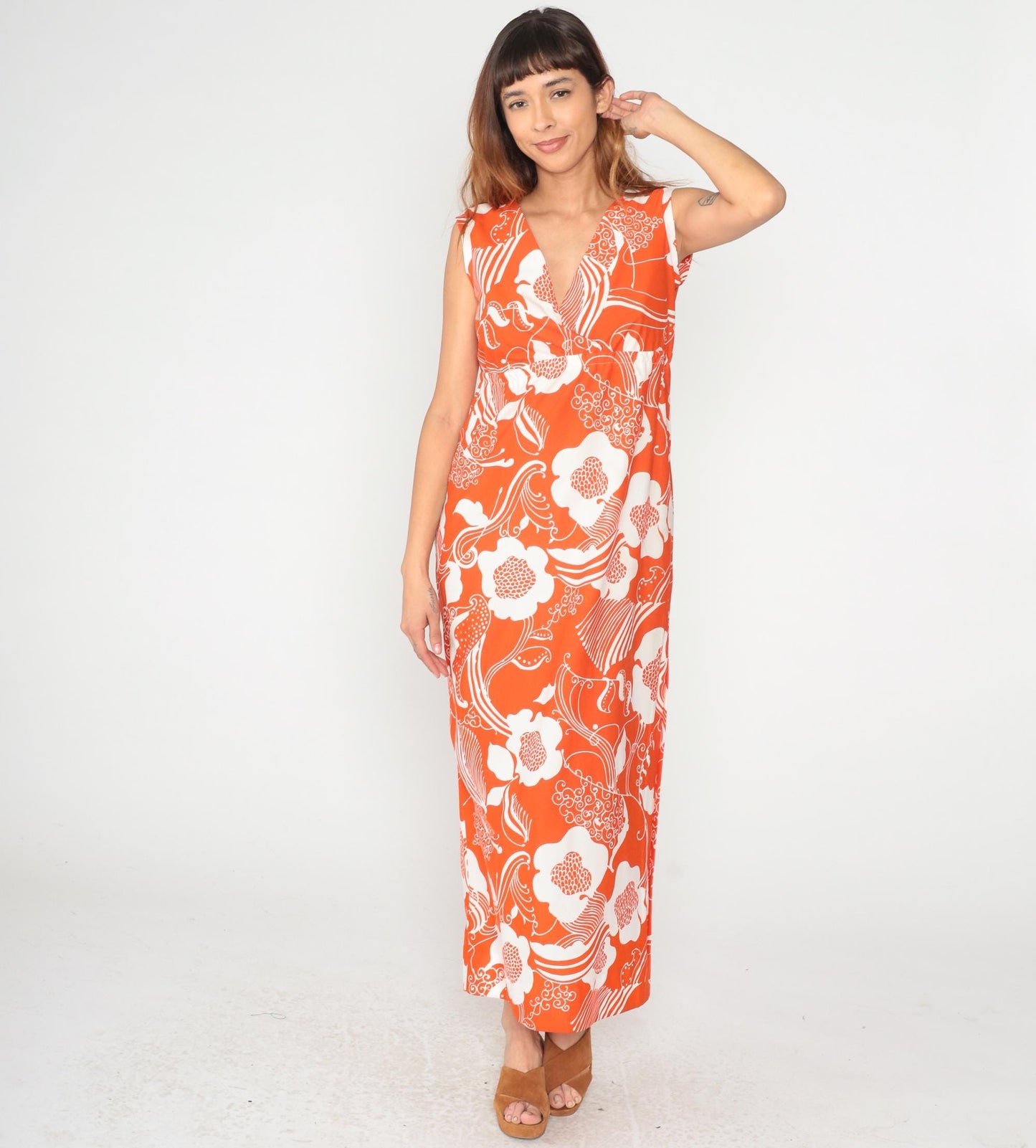 70s Halii Honolulu Orange Floral Maxi Dress Sleeveless V-Neck Large