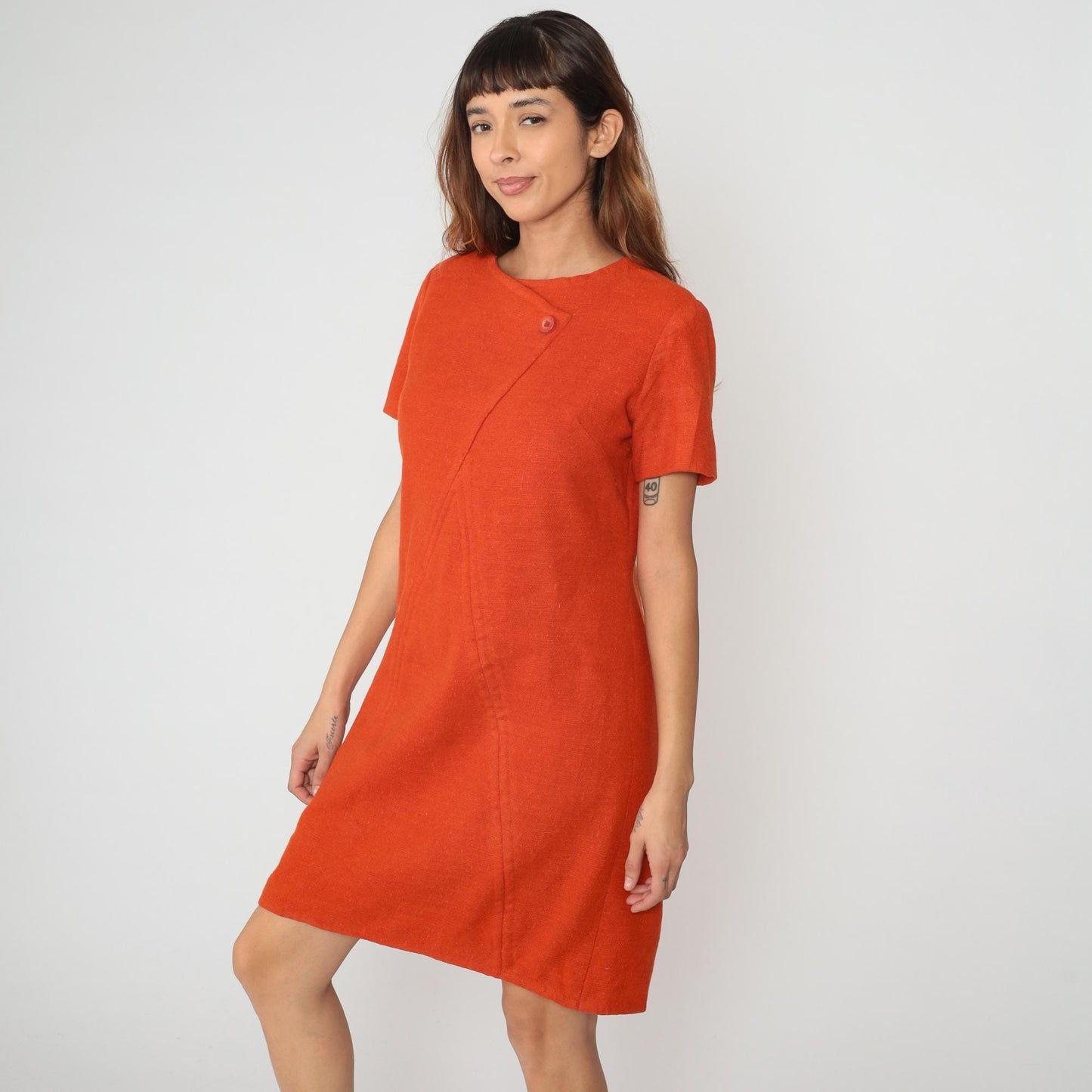 60s Orange Wool Mini Shift Dress Mod A-Line Short Sleeve Medium M