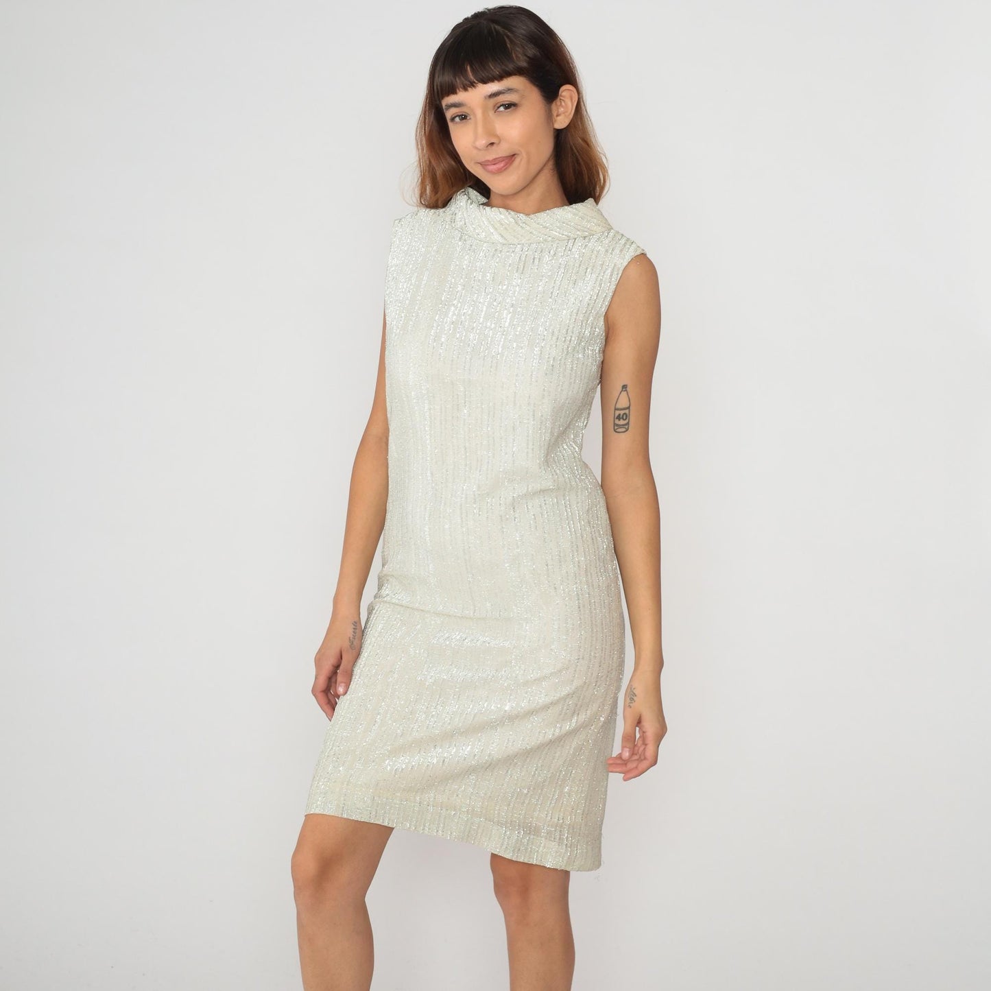 70s Fritzi of California Metallic Shift Dress Cream Collar Sleeveless Small