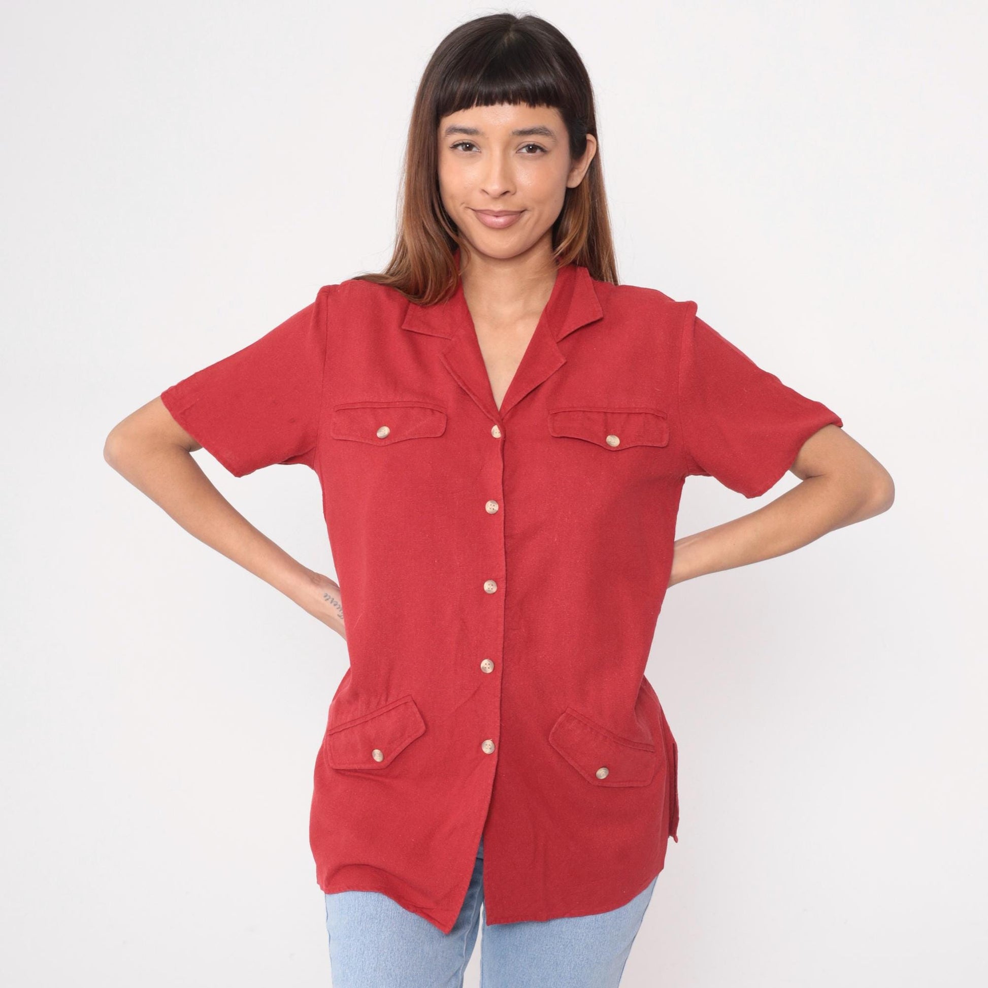 Y2K Anna and Frank Silk Safari Shirt Red Camp Collar Button Front Small S