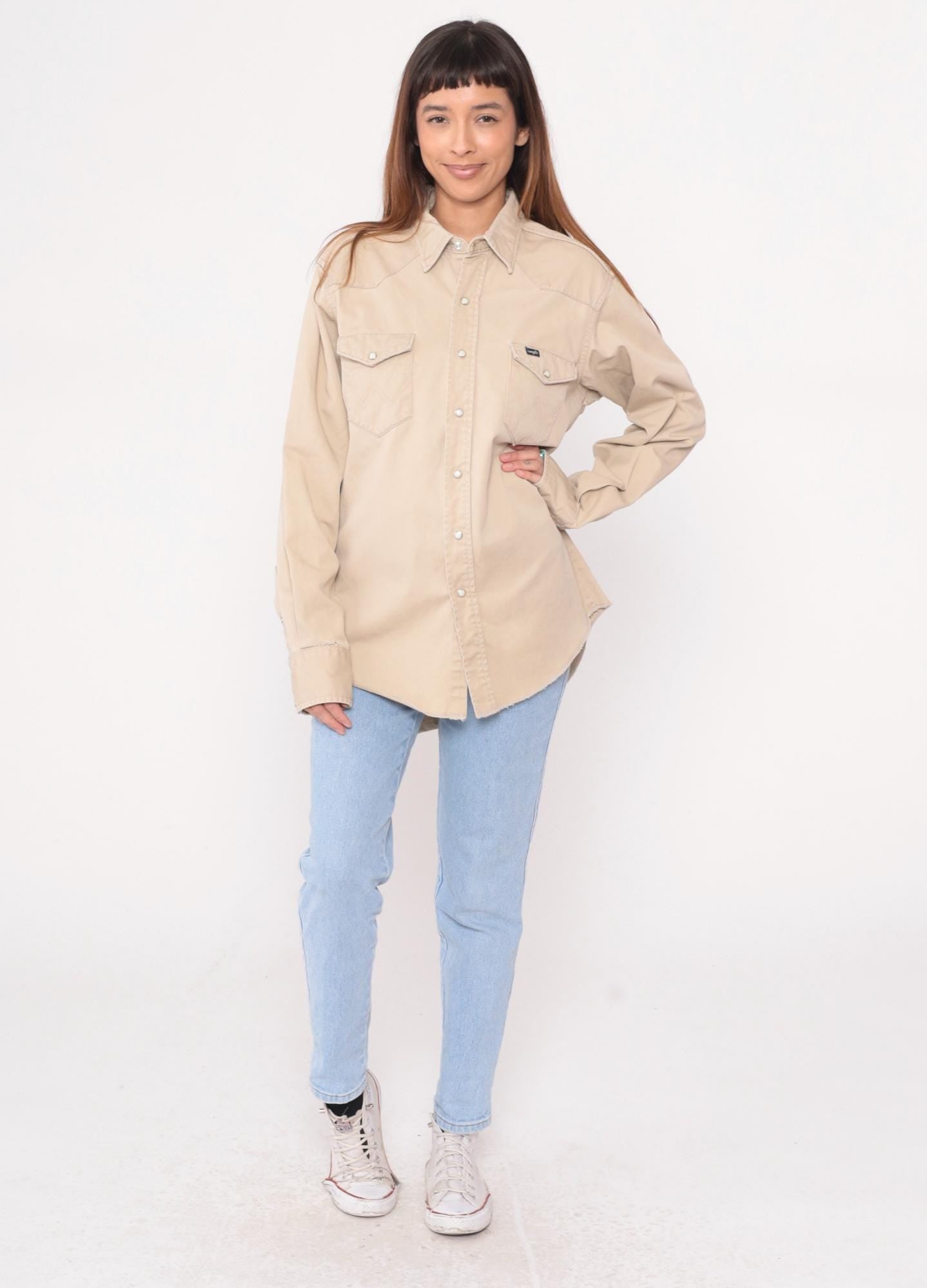 90s Wrangler Western Shirt Beige Cotton Pearl Snap Workwear Extra Large XL