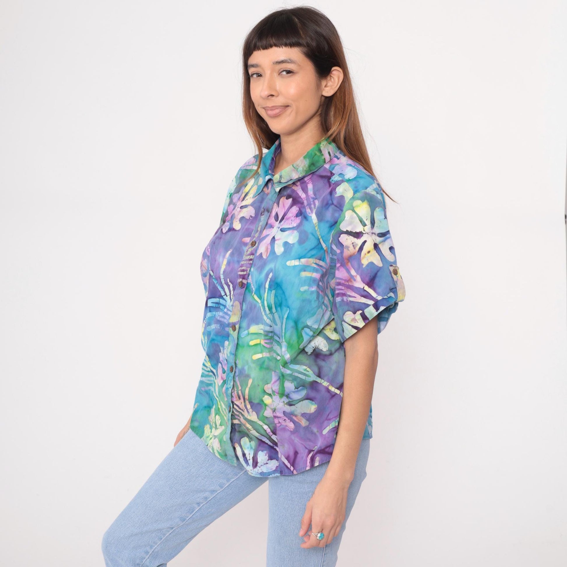 Y2K Caribbean Joe Tropical Floral Button-Up Shirt Purple Blue Green Plus Size 1X