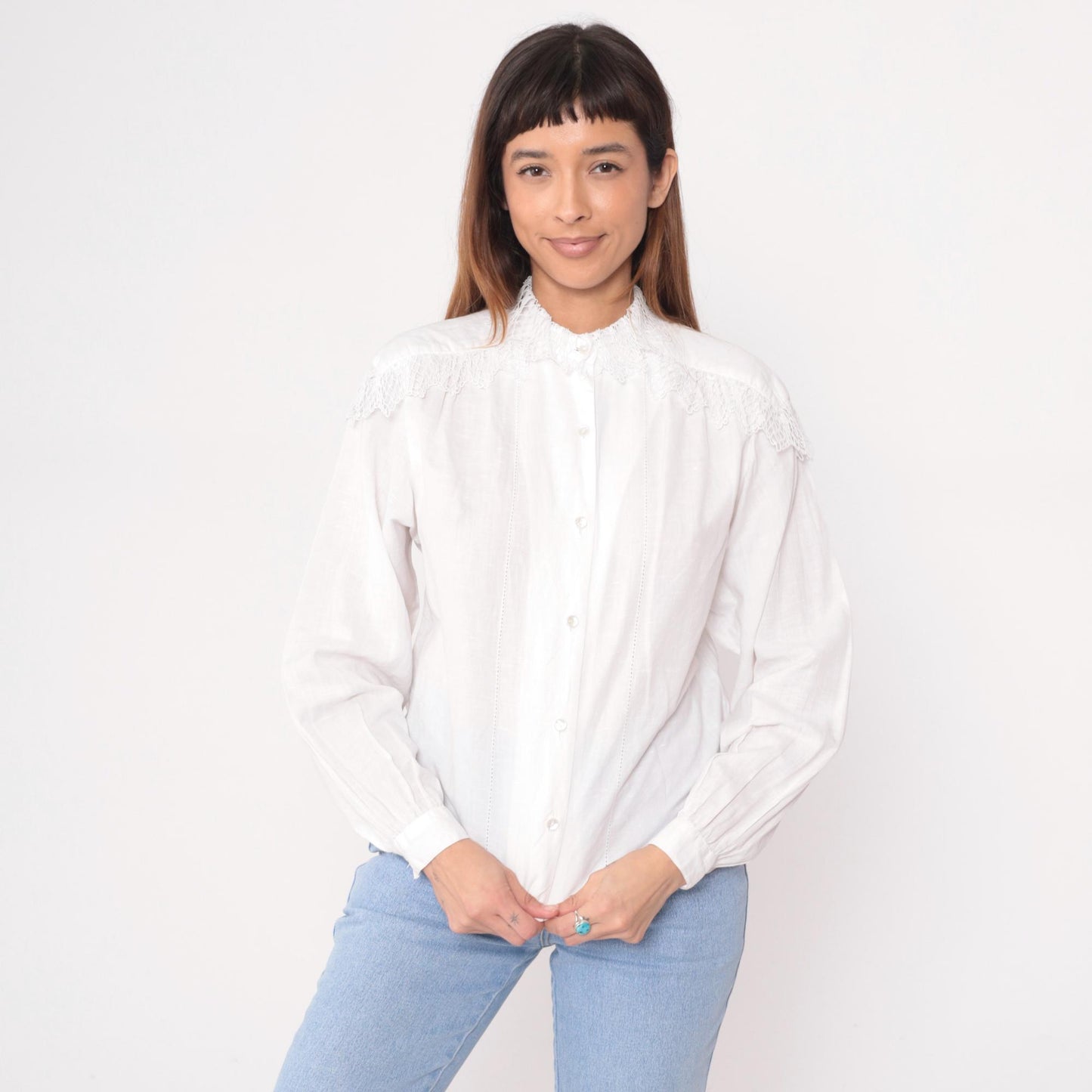 90s Carol Bird White Blouse Embroidered Lace Yoke Smocked Shoulders Medium