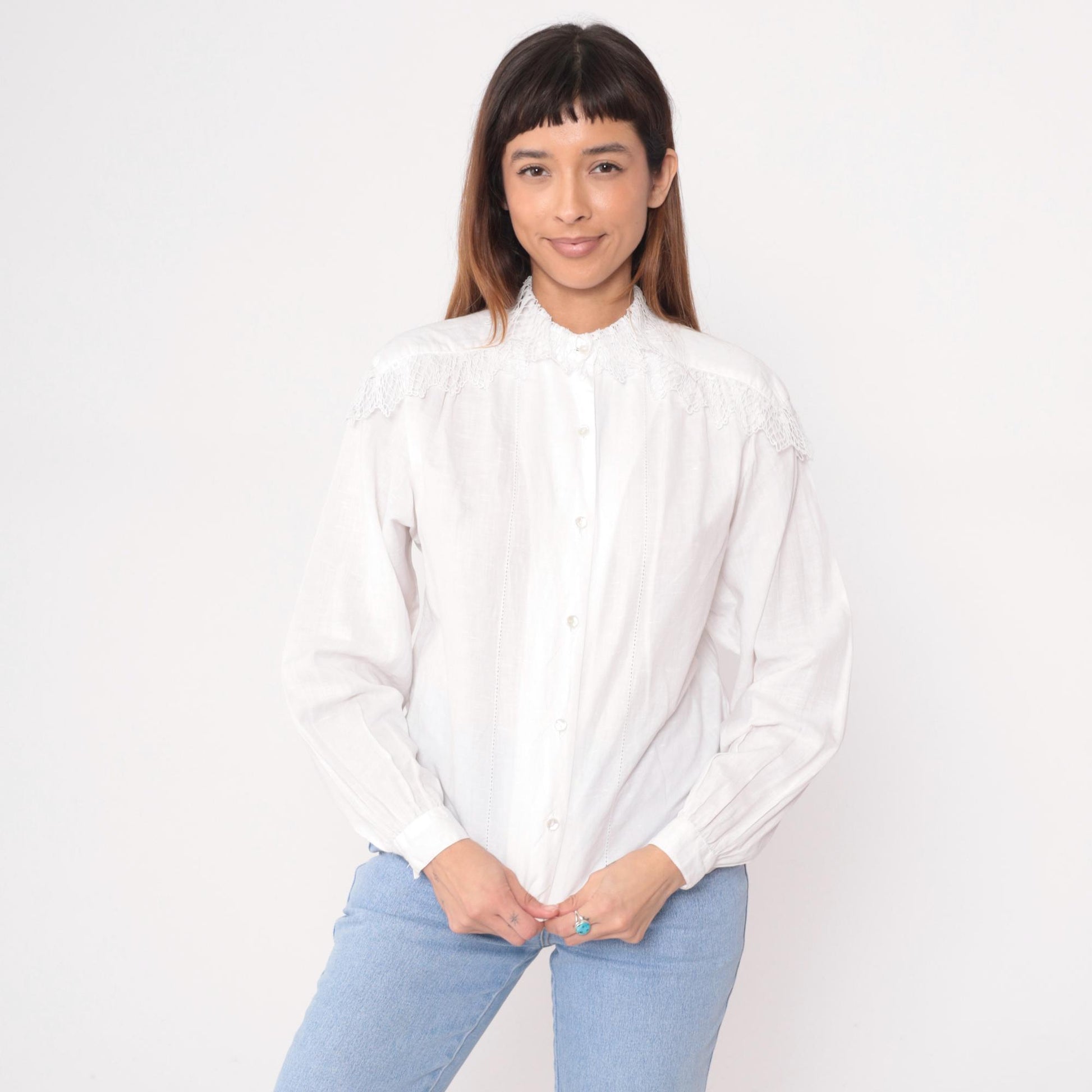 90s Carol Bird White Blouse Embroidered Lace Yoke Smocked Shoulders Medium