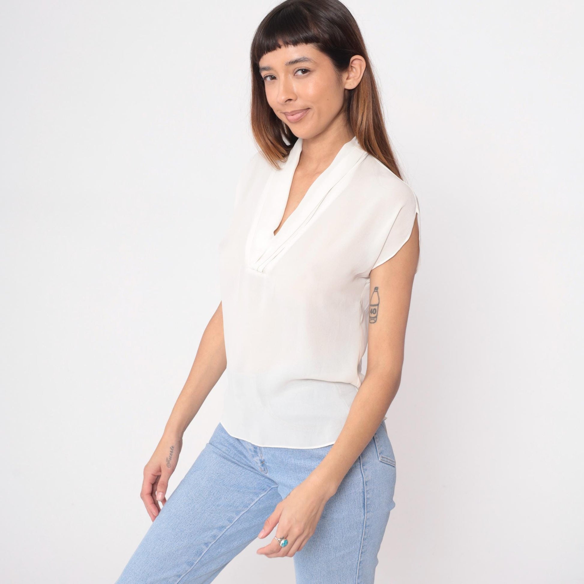 90s Oui Petites Cream Sheer Blouse V-Neck Cap Sleeve Small