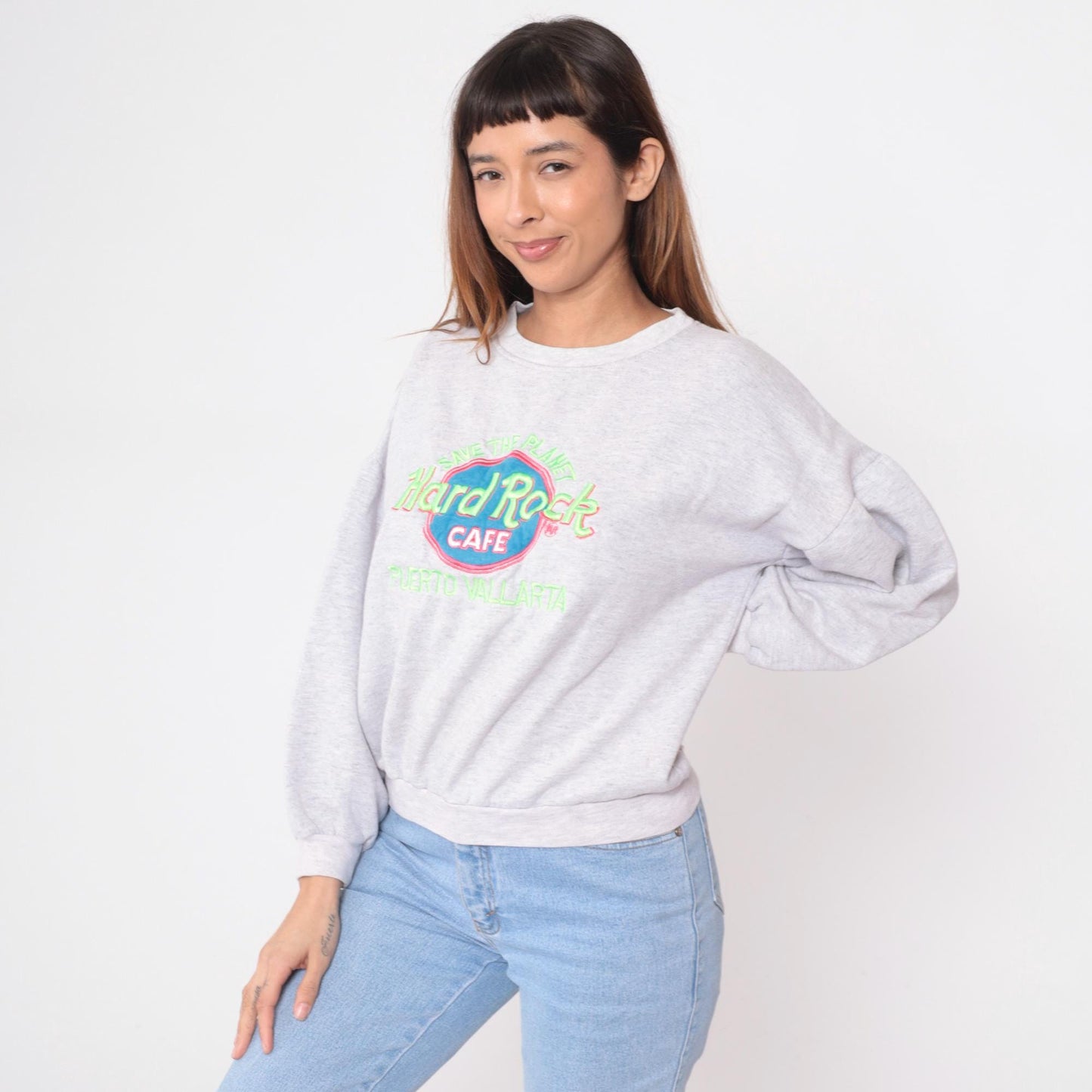 90s Hard Rock Cafe Puerto Vallarta Sweatshirt Heather Grey Embroidered Logo Large