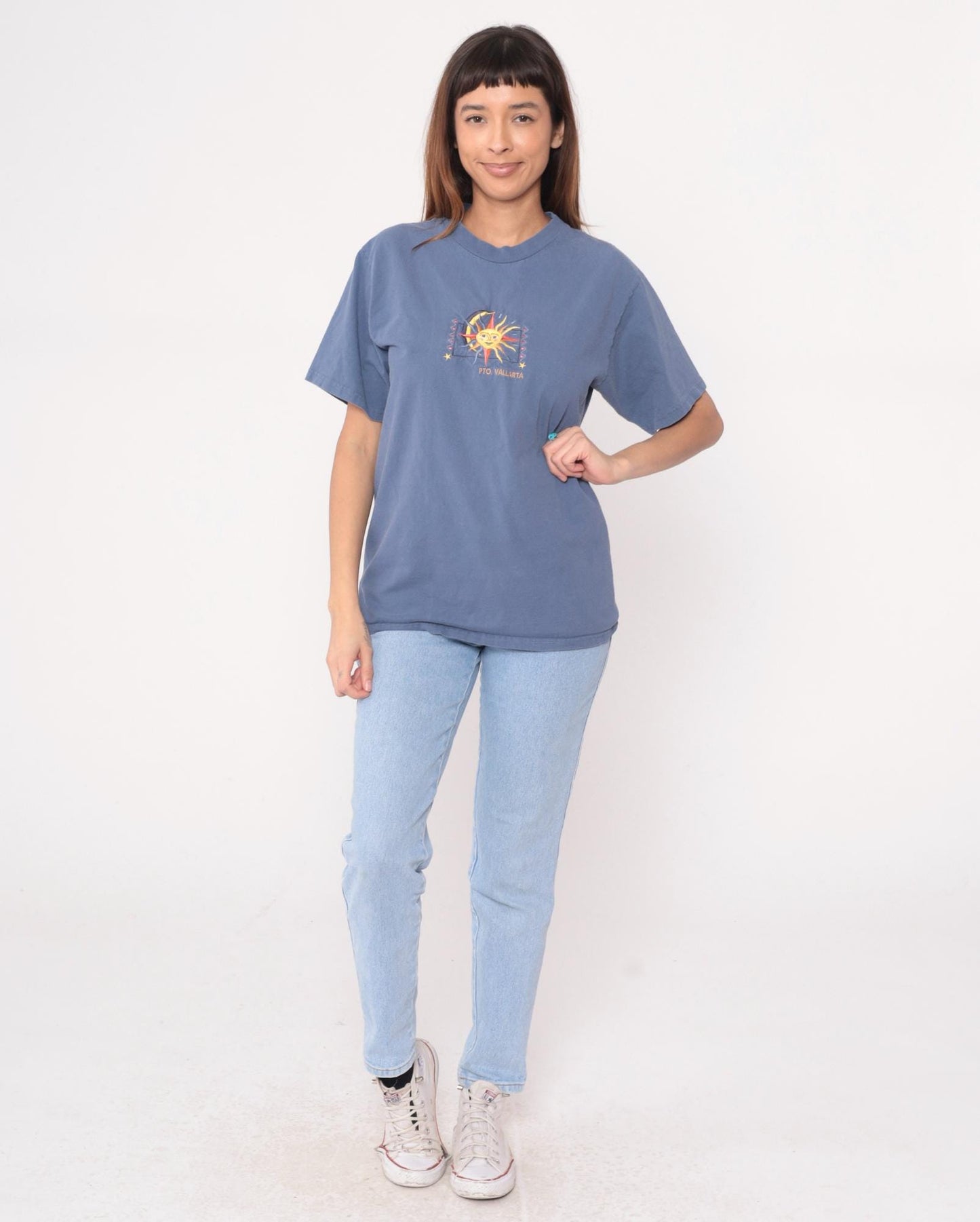 90s Yacht Club Puerto Vallarta Tee Sun Moon Embroidered Graphic Blue Medium