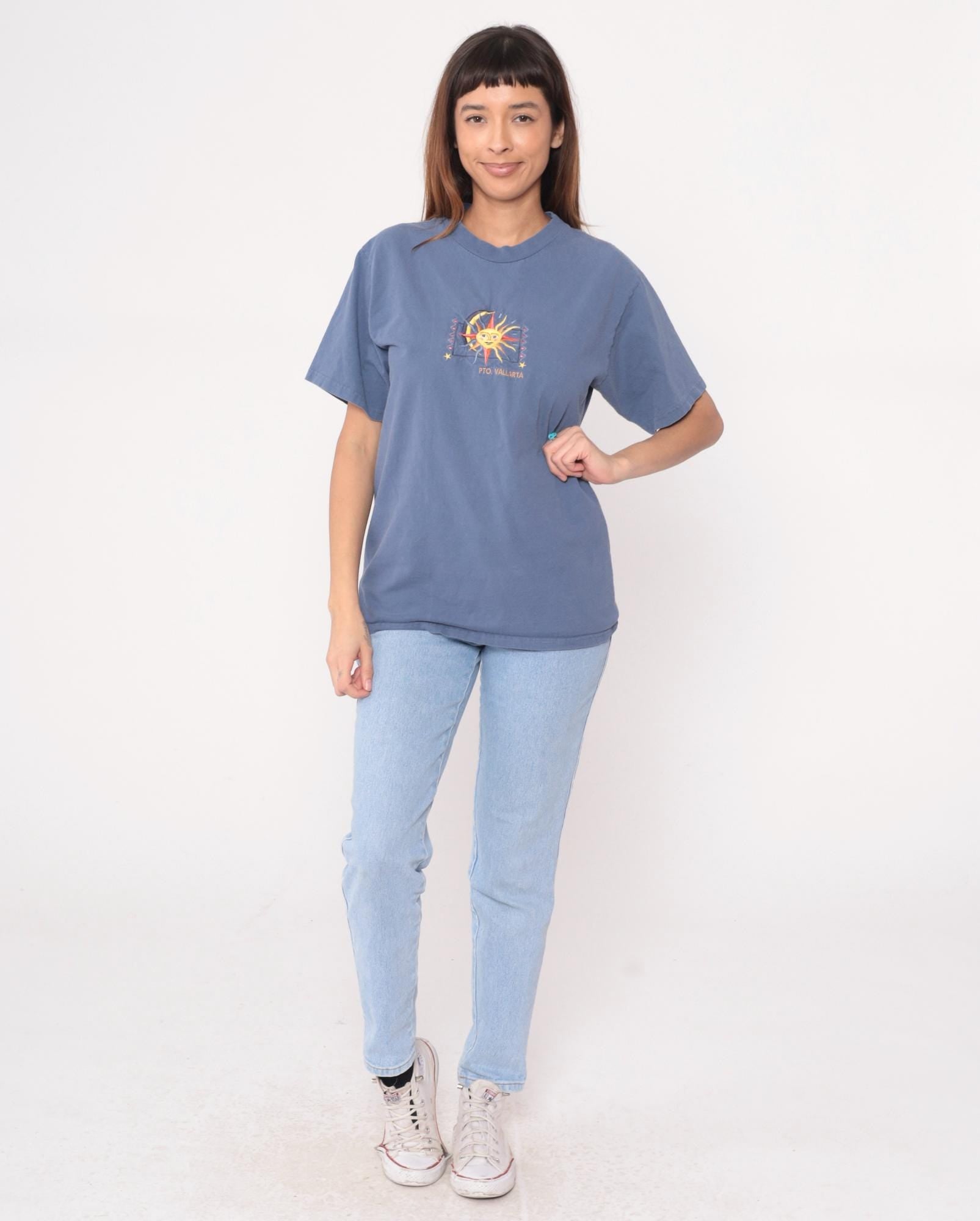 90s Yacht Club Puerto Vallarta Tee Sun Moon Embroidered Graphic Blue Medium