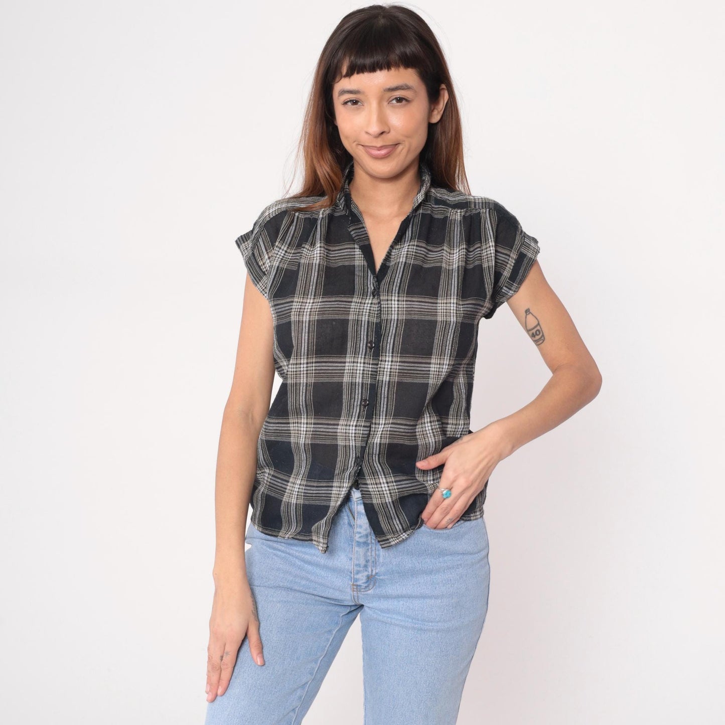 90s Bonjour Black White Plaid Short Sleeve Shirt Small
