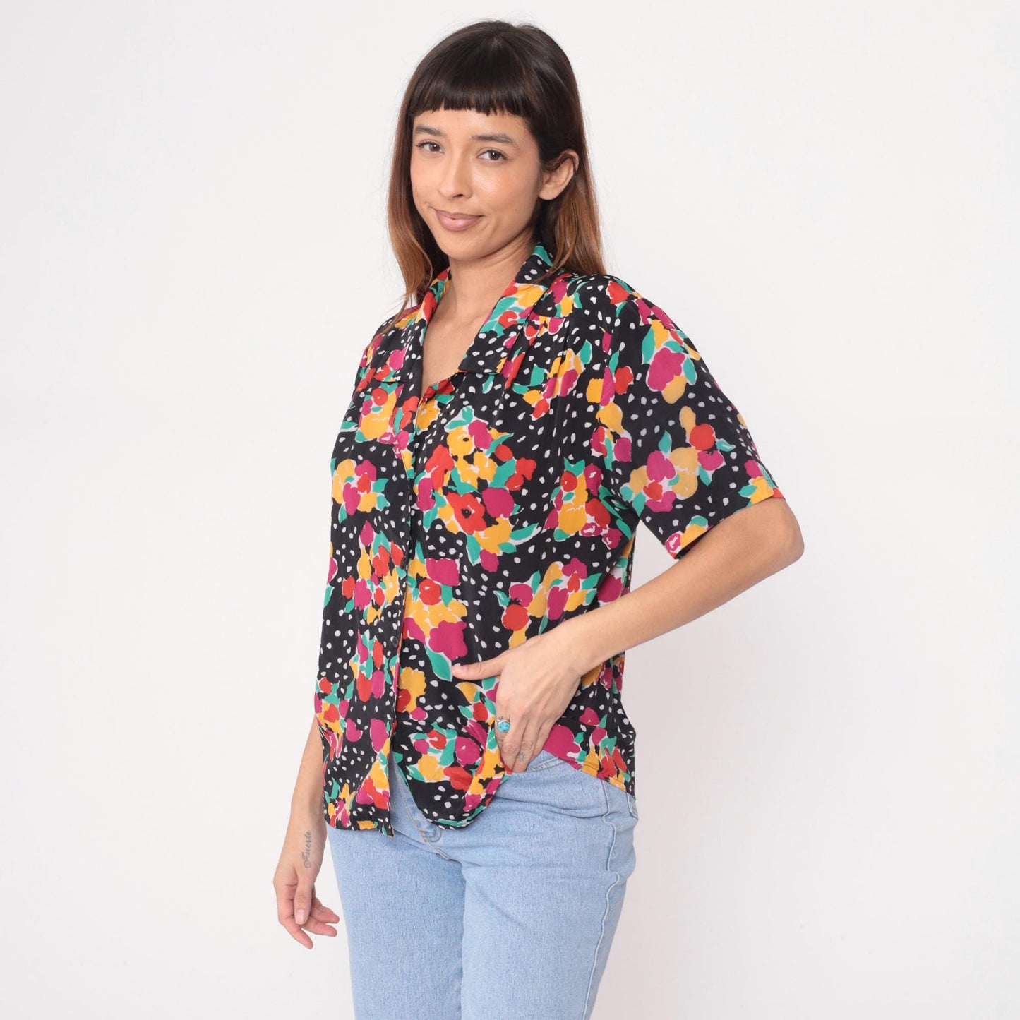 90s Impressions of California Black Floral Polka Dot Short Sleeve Blouse Large L