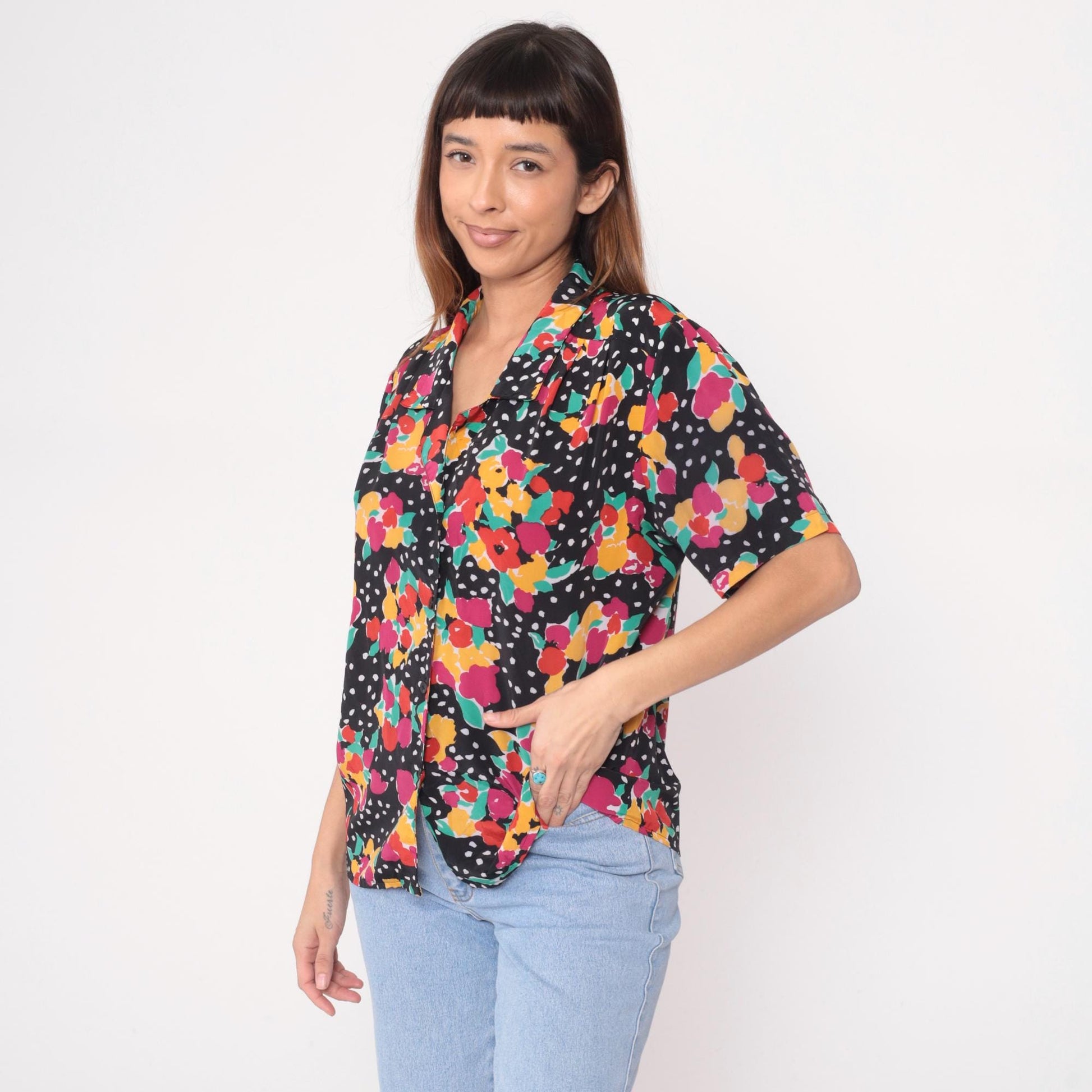 90s Impressions of California Black Floral Polka Dot Short Sleeve Blouse Large L