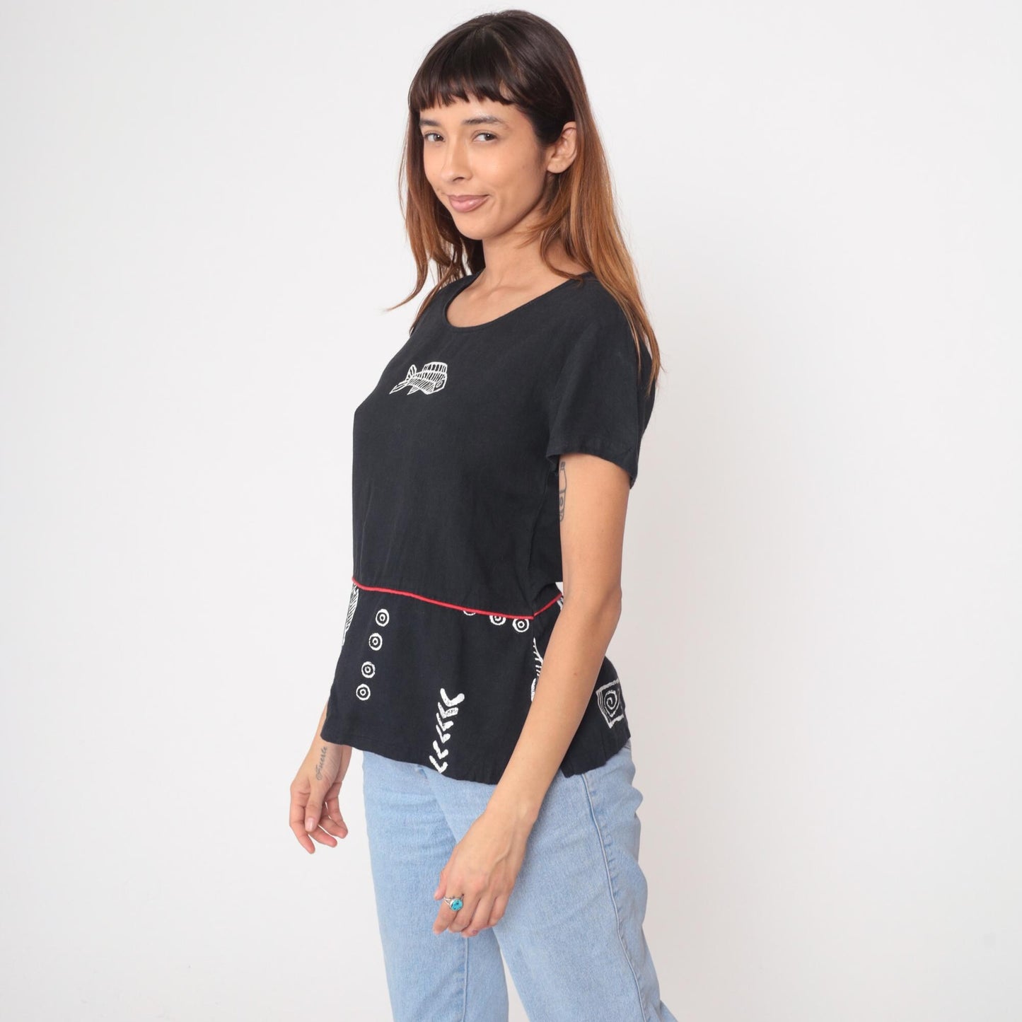 90s Sidan Black Fish Skeleton Nautical Print T-Shirt Small S