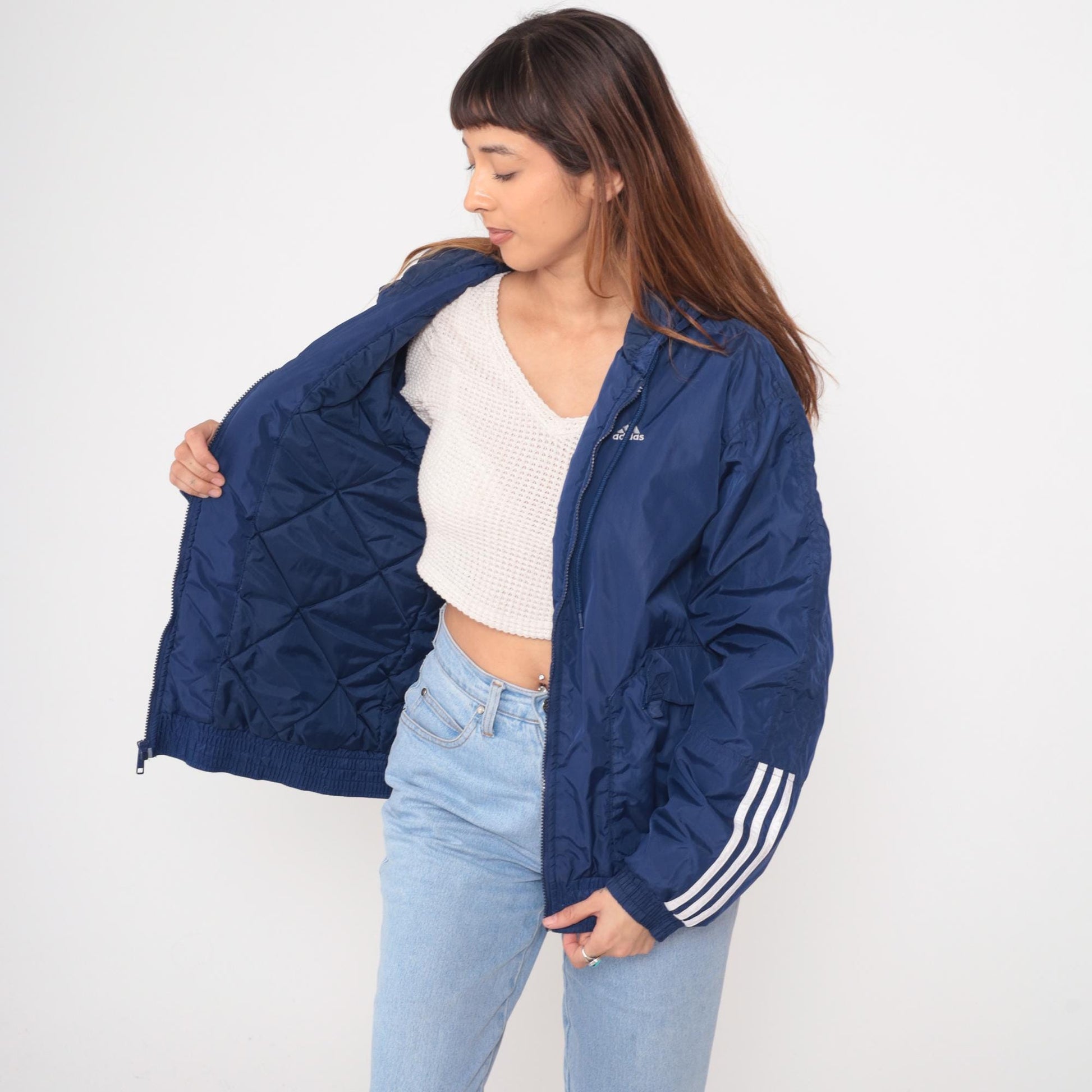 80s Adidas Navy Hooded Windbreaker Full Zip Three Stripe Small