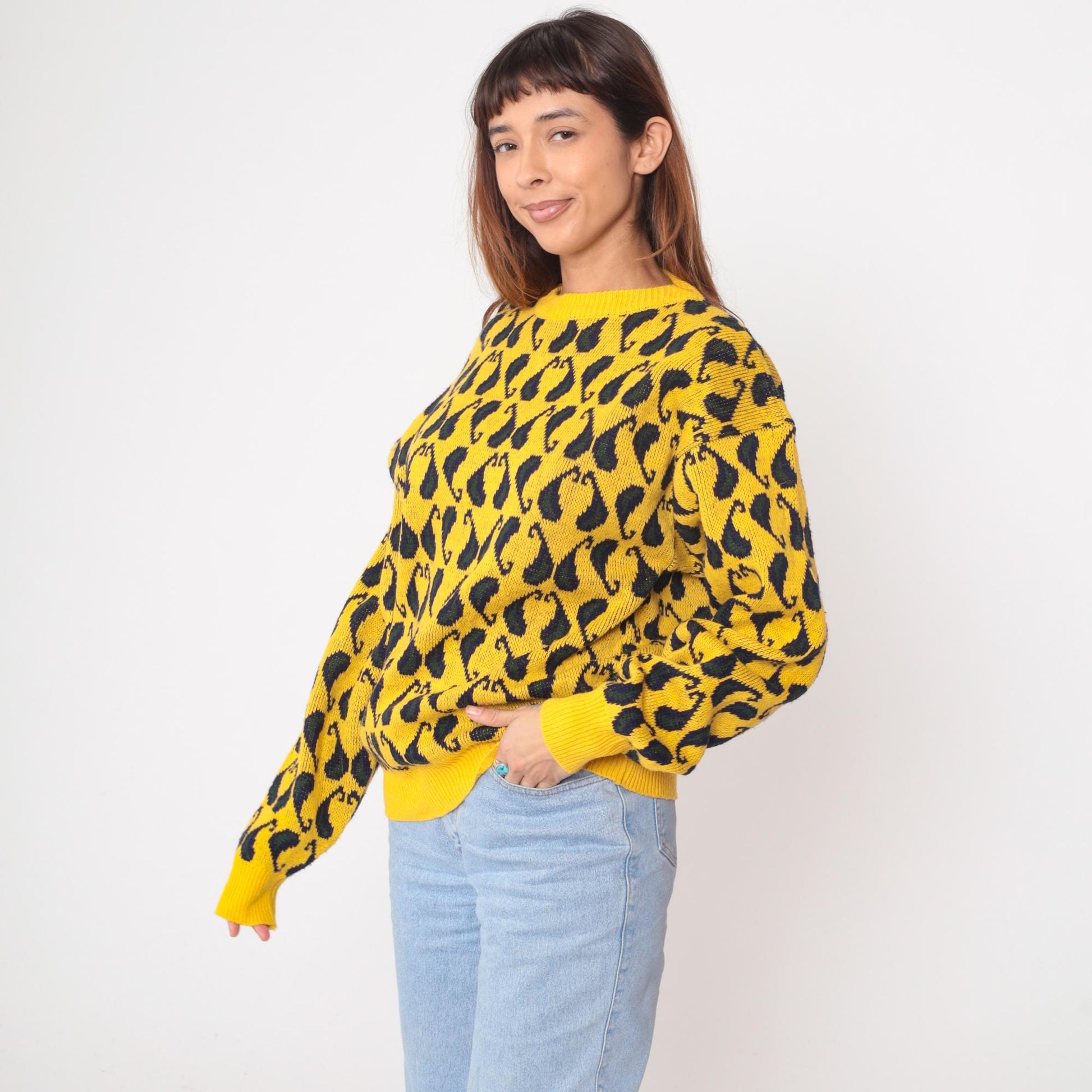 90s Yellow Black Paisley Knit Sweater Crewneck Pullover Medium M