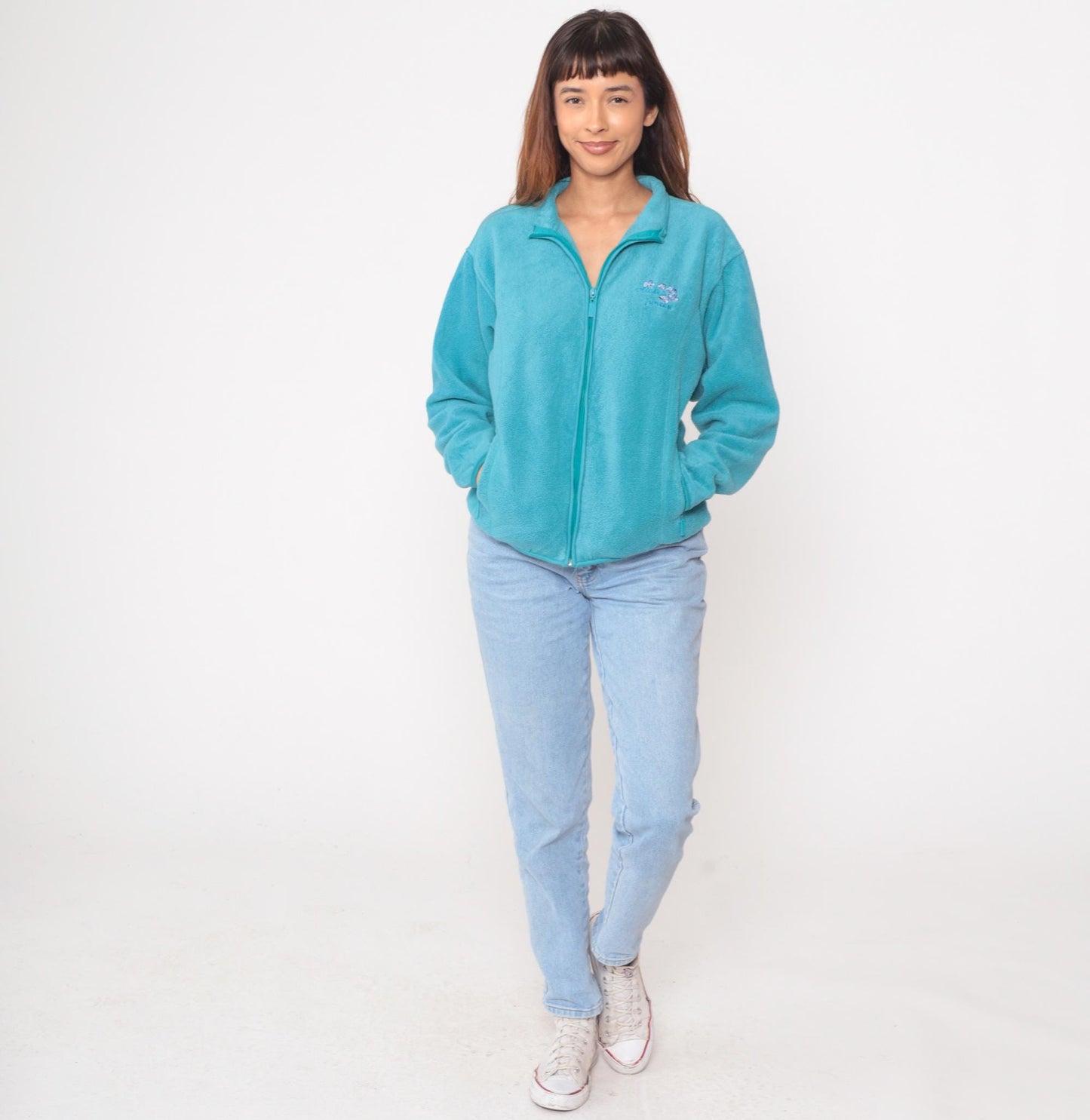 Y2K Turquoise Fleece Jacket Embroidered Floral Juneau Alaska Small