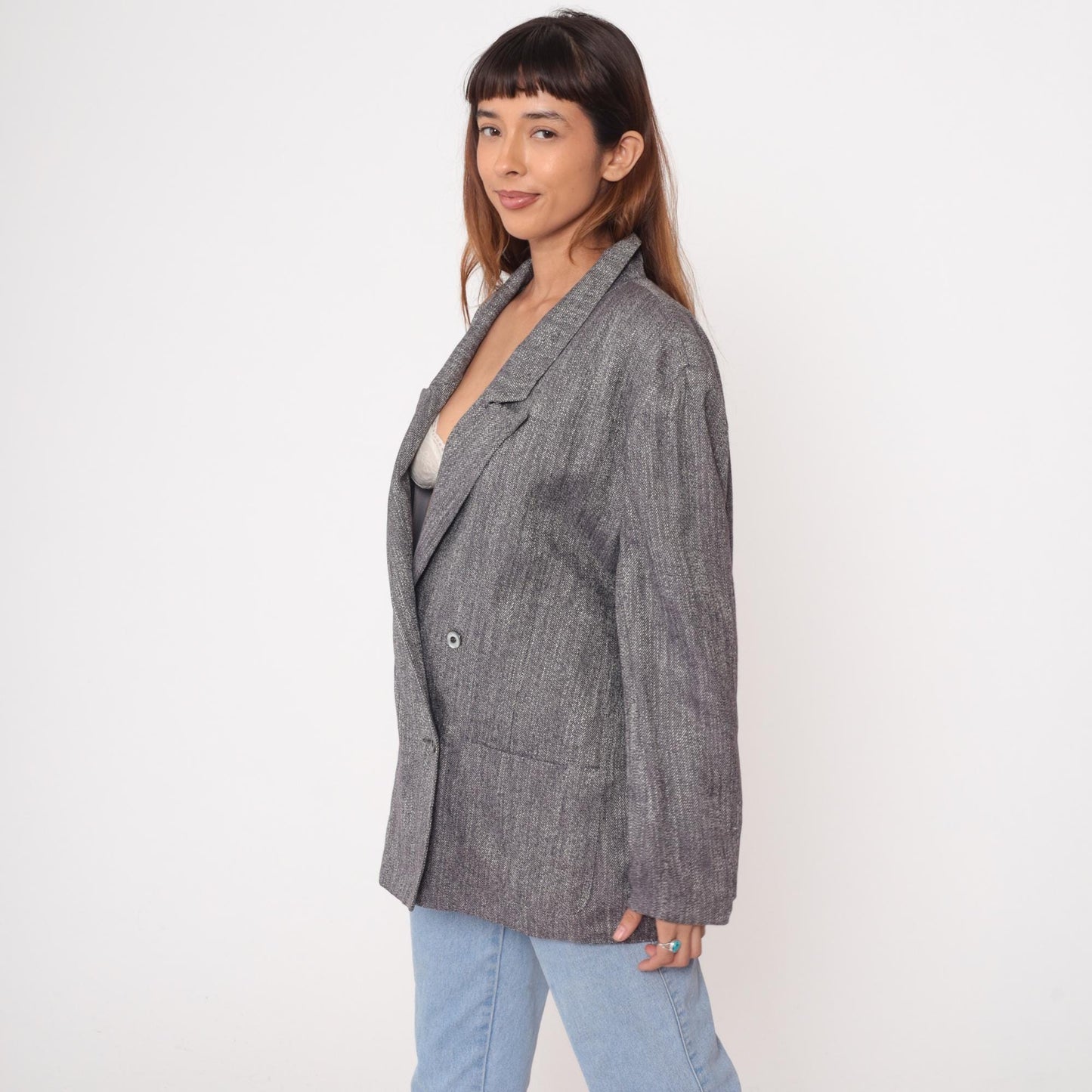 80s Metra by Jantzen Double Breasted Blazer Charcoal Herringbone Peak Lapel Extra Large