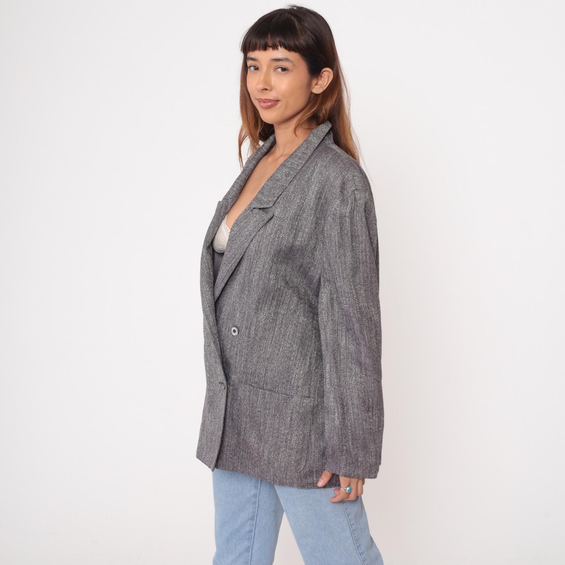 80s Metra by Jantzen Double Breasted Blazer Charcoal Herringbone Peak Lapel Extra Large