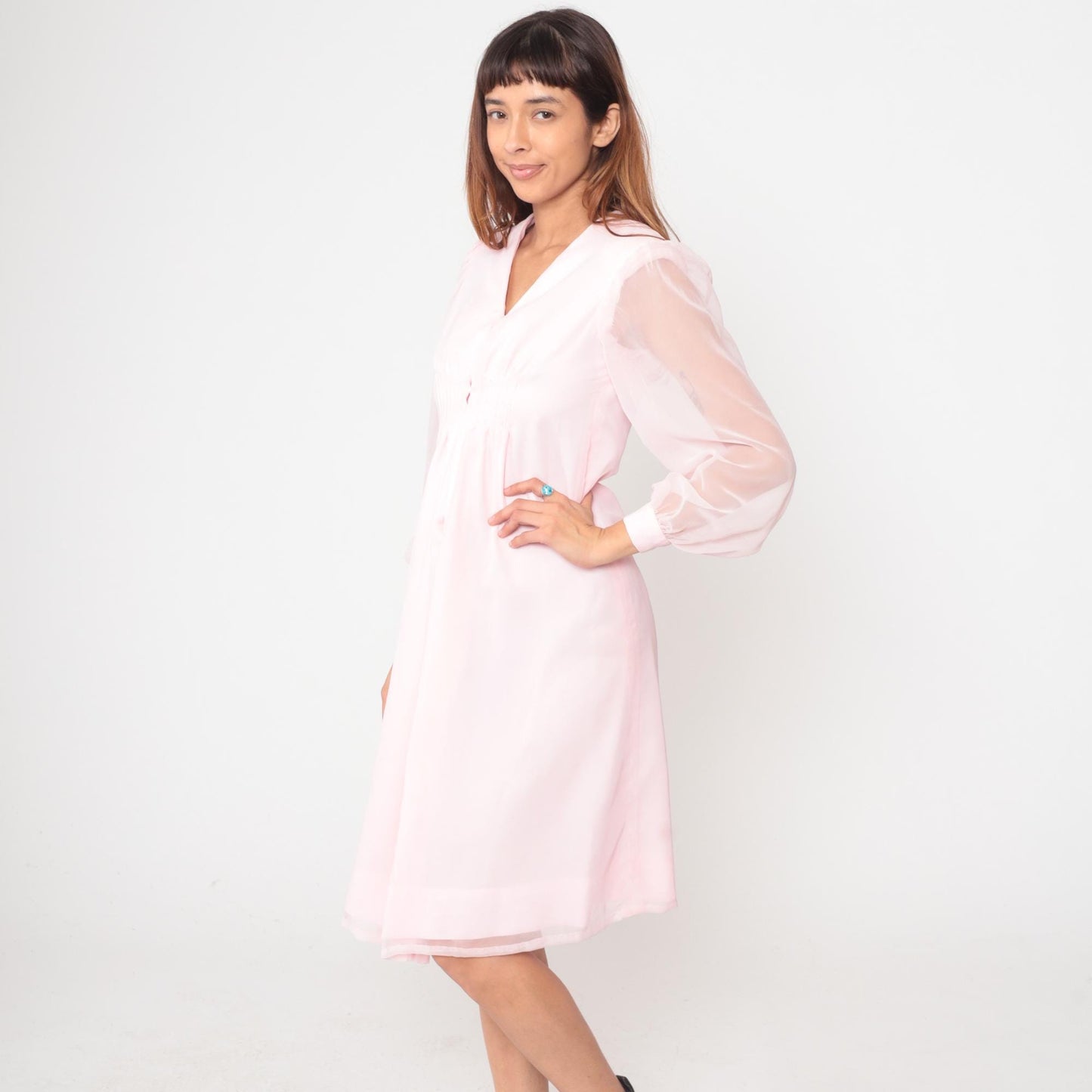 70s Pink Polyester Dress V-Neck Button Front Knee-Length Small