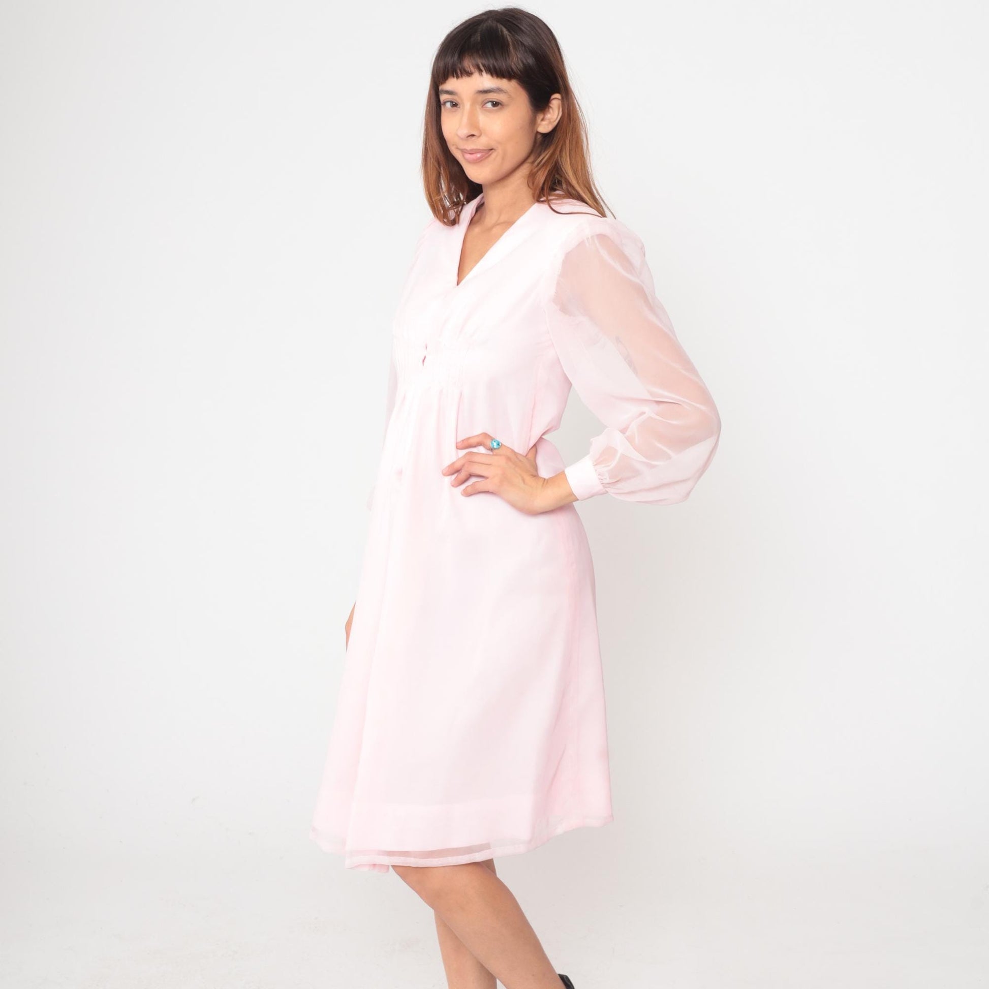 70s Pink Polyester Dress V-Neck Button Front Knee-Length Small