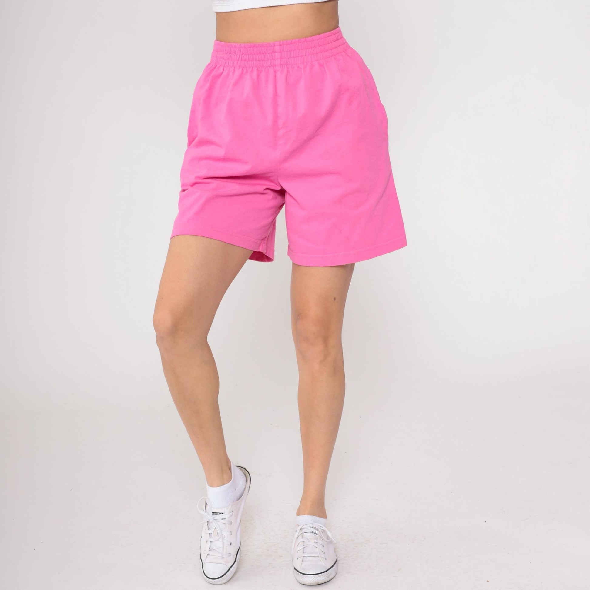 90s Hot Pink Cotton Shorts High Rise Bermuda Elastic Waist Medium
