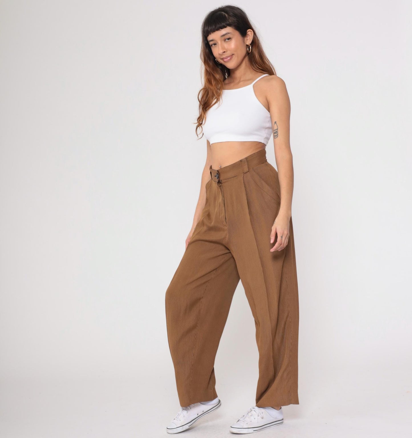 80s Emanuel Ungaro Pinstriped Trousers Brown Tan High Waist Pleated Medium
