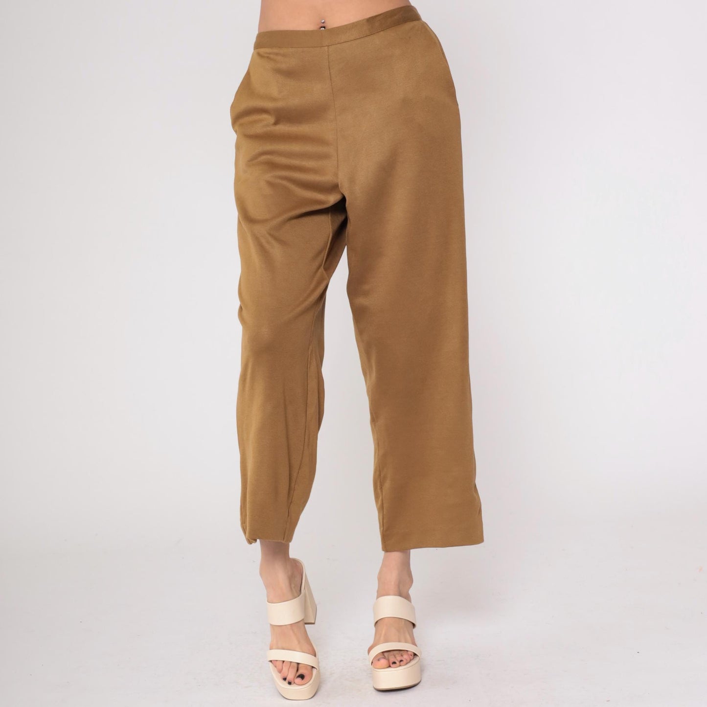 90s Alfred Dunner Tan Knit Pants Elastic Waist Cropped Ankle Large