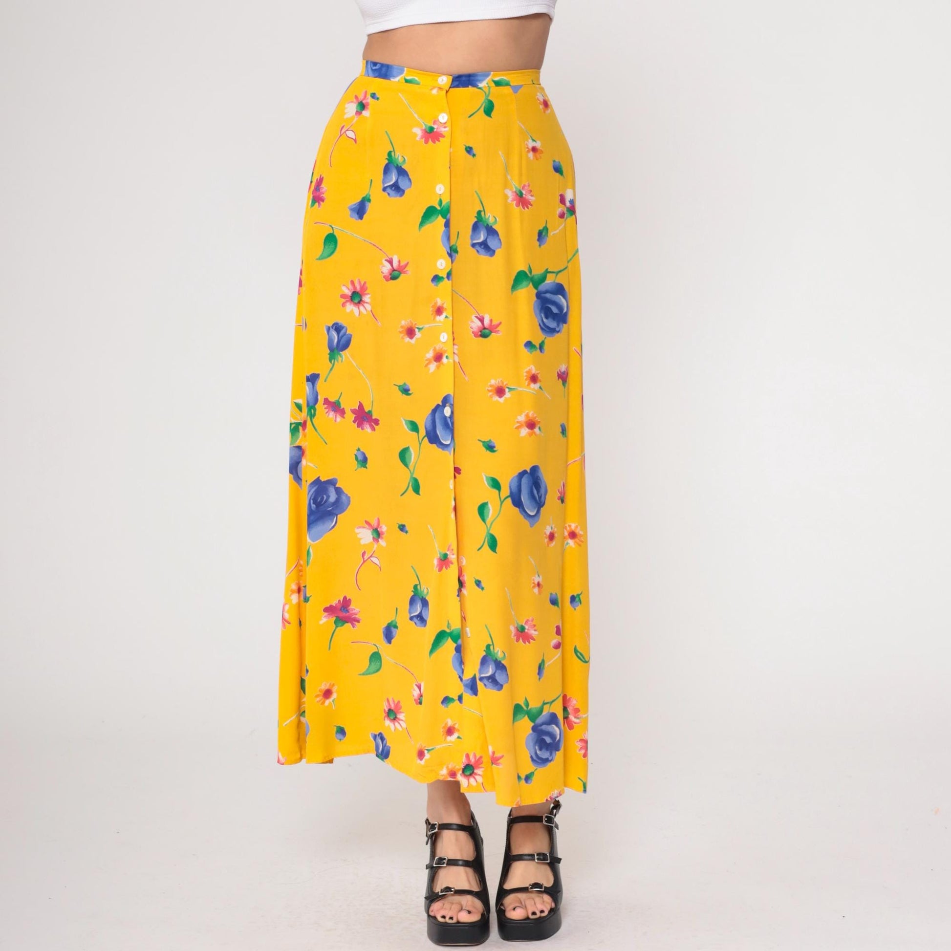90s Breeches Yellow Floral Maxi Skirt Button Front Small