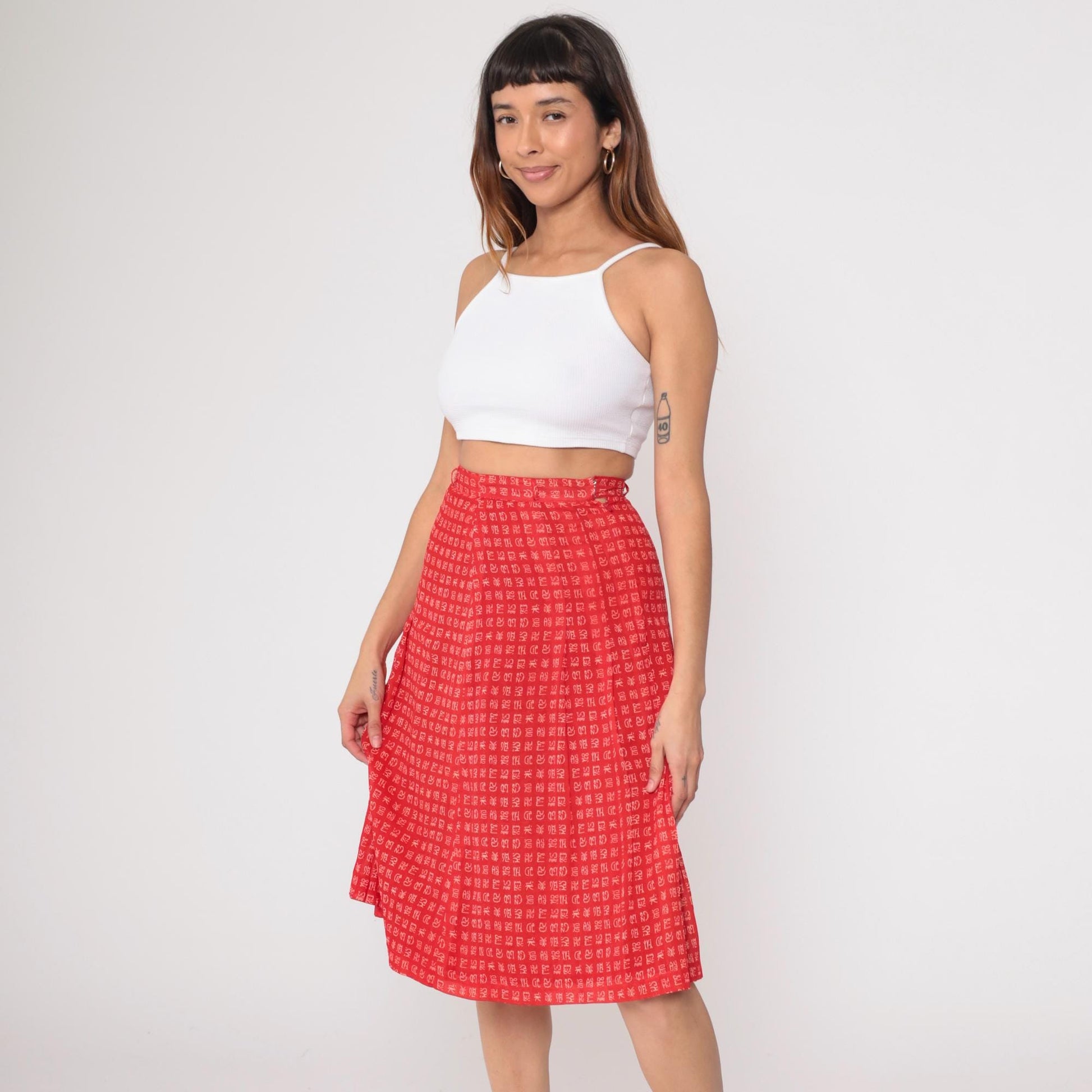 80s Red A-Line Mini Skirt Chinese Character Print High Waist Extra Small