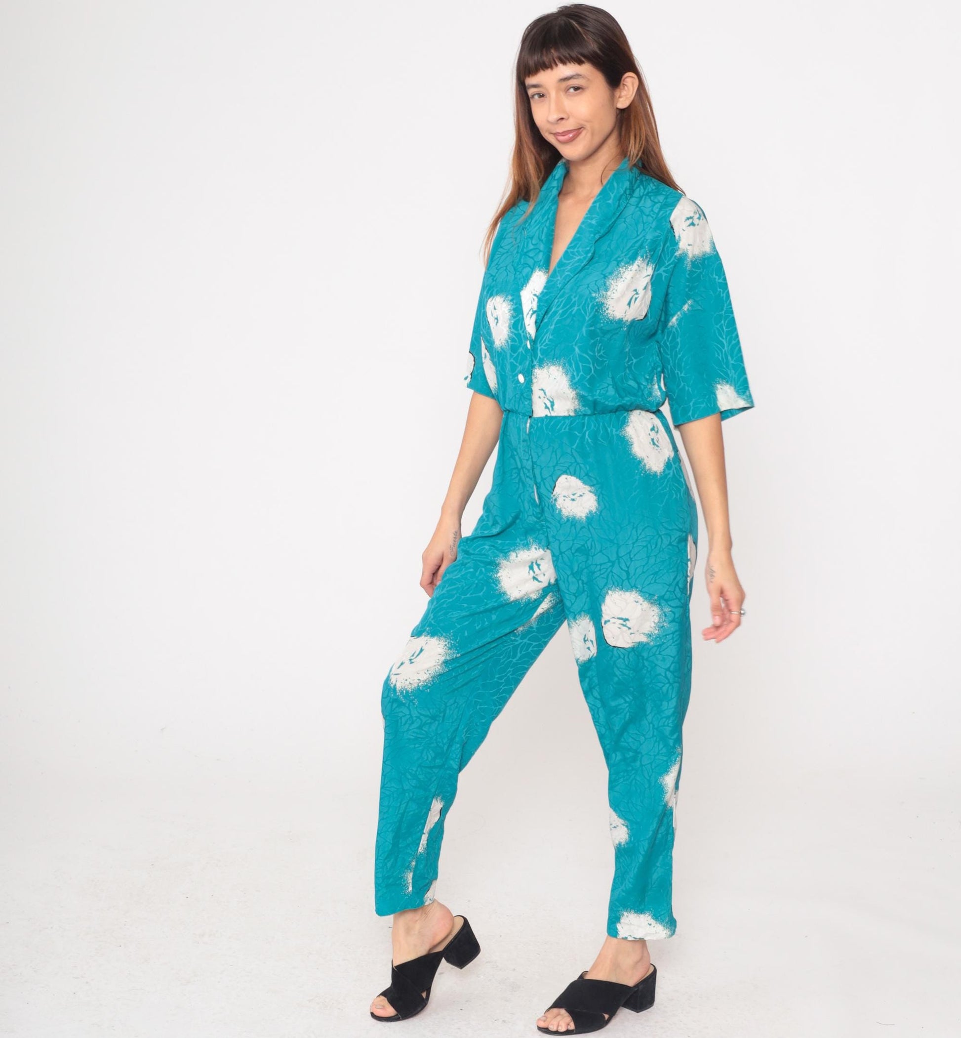 80s Turquoise Jumpsuit Floral Print Button Front Notched Collar Medium M