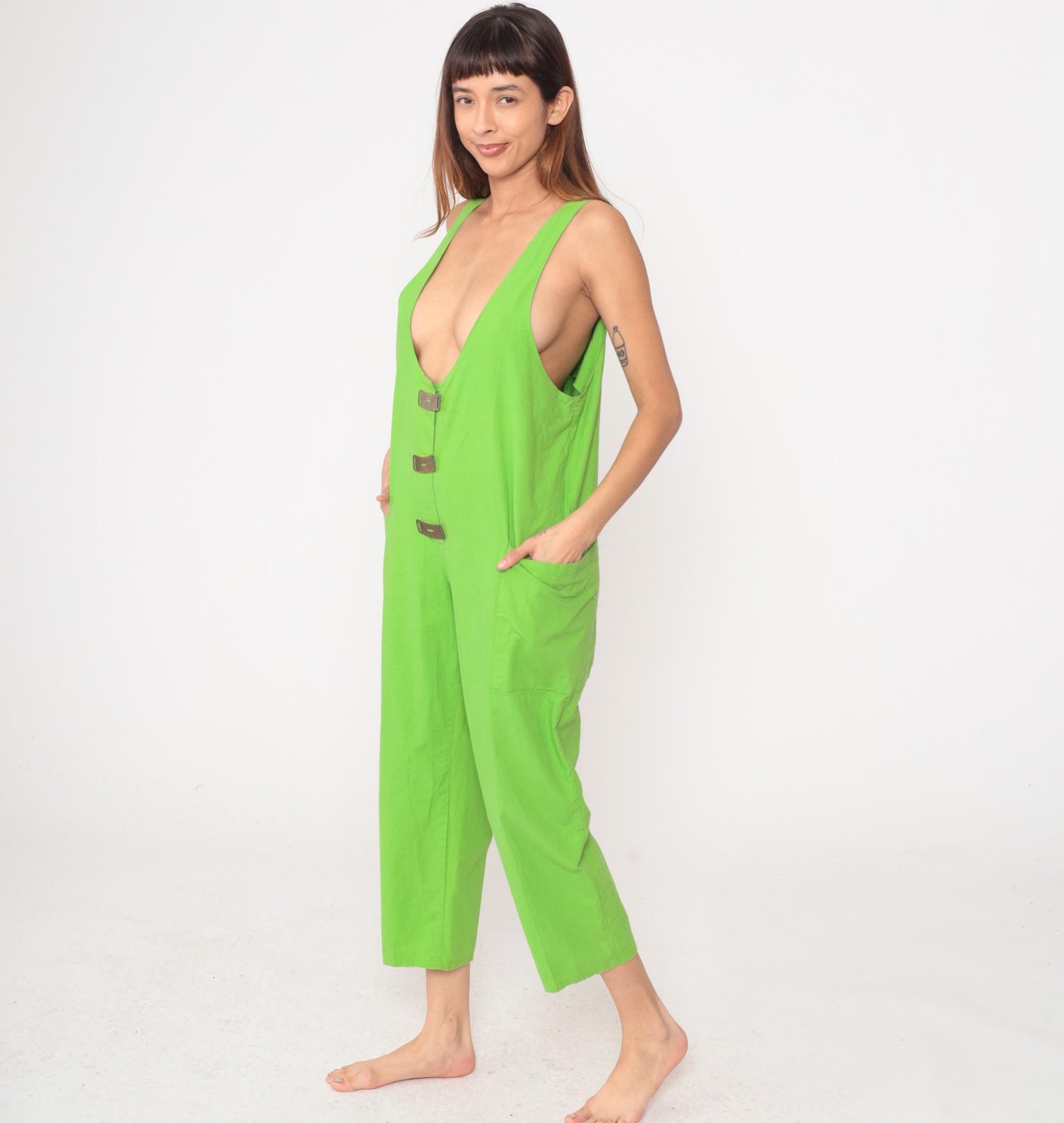 80s Ginger Neon Green Jumpsuit Deep V Sleeveless Cotton Cropped Medium M