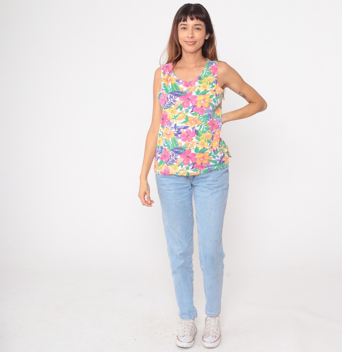 90s Tropical Floral Tank Top White Pink Orange Yellow Purple Medium