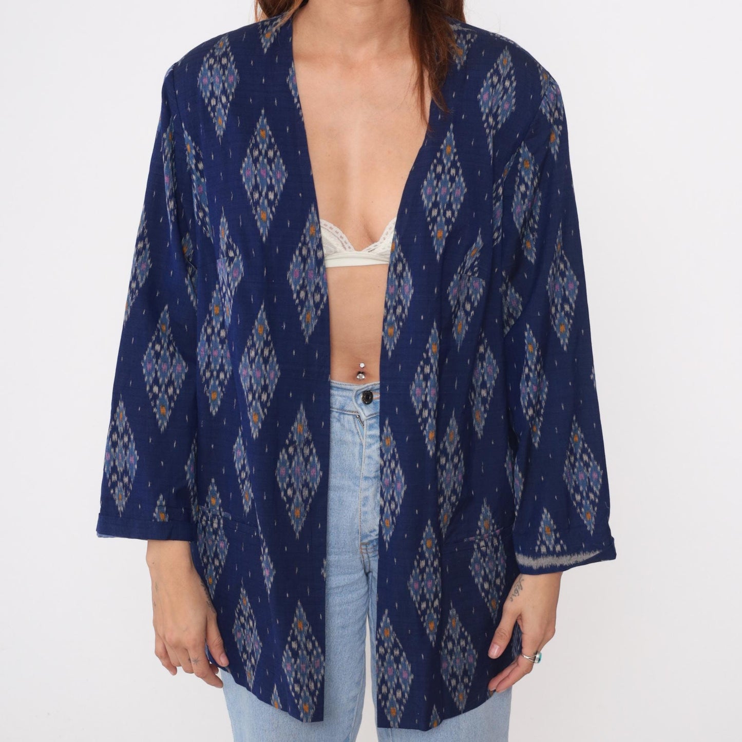 80s Navy Ikat Diamond Kimono Cardigan Cotton Open Front Medium