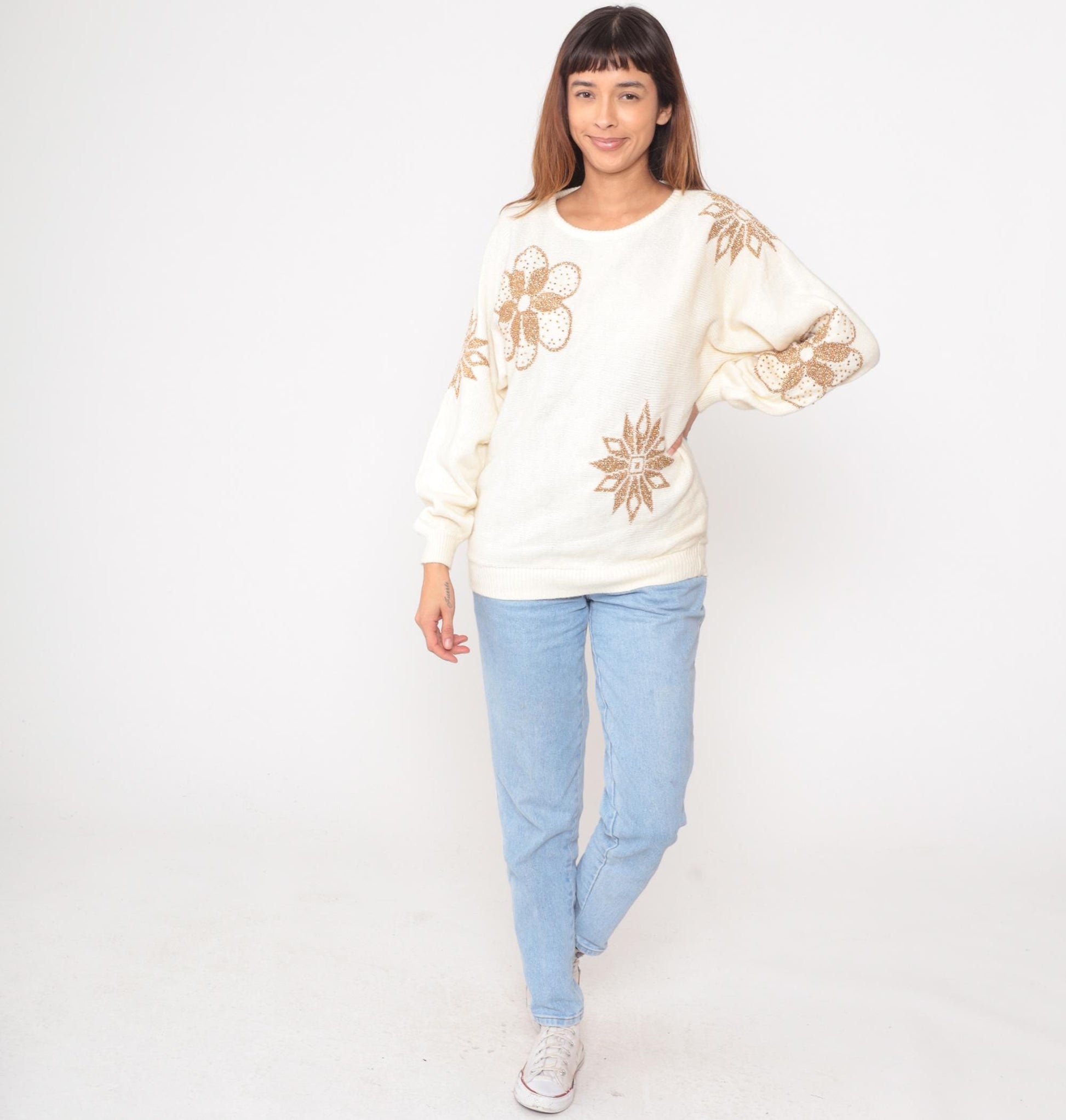80s Nilani Cream Beaded Sweater Gold Floral Sequin Pullover Medium M