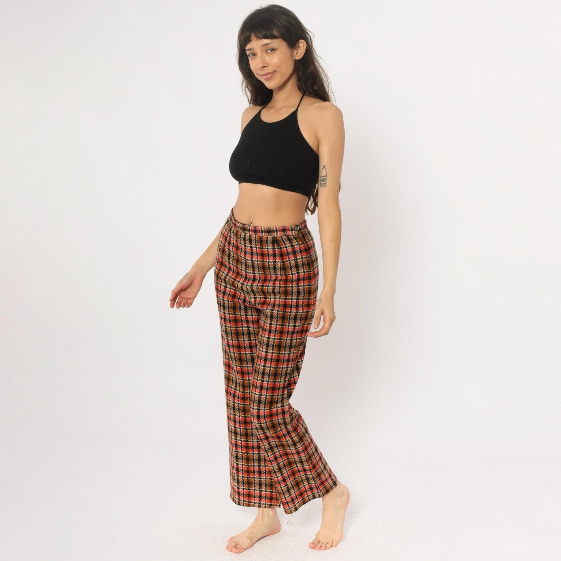 70s Plaid Wide Leg Trousers High Waisted Orange Brown Black Houndstooth Small