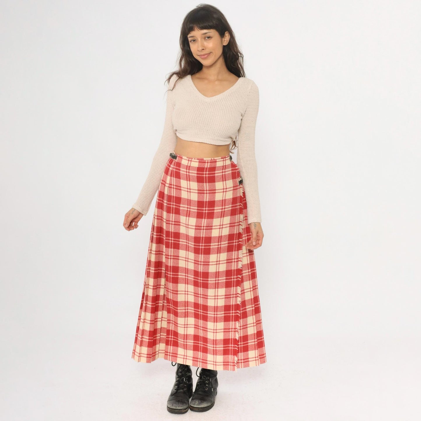 70s Laird Portch Tartan Wool Kilt Skirt Red Cream Pleated Wrap Small Medium