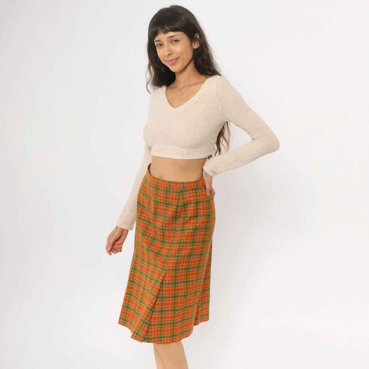 70s Orange Green Plaid A-Line Skirt Knee Length Wrap Small