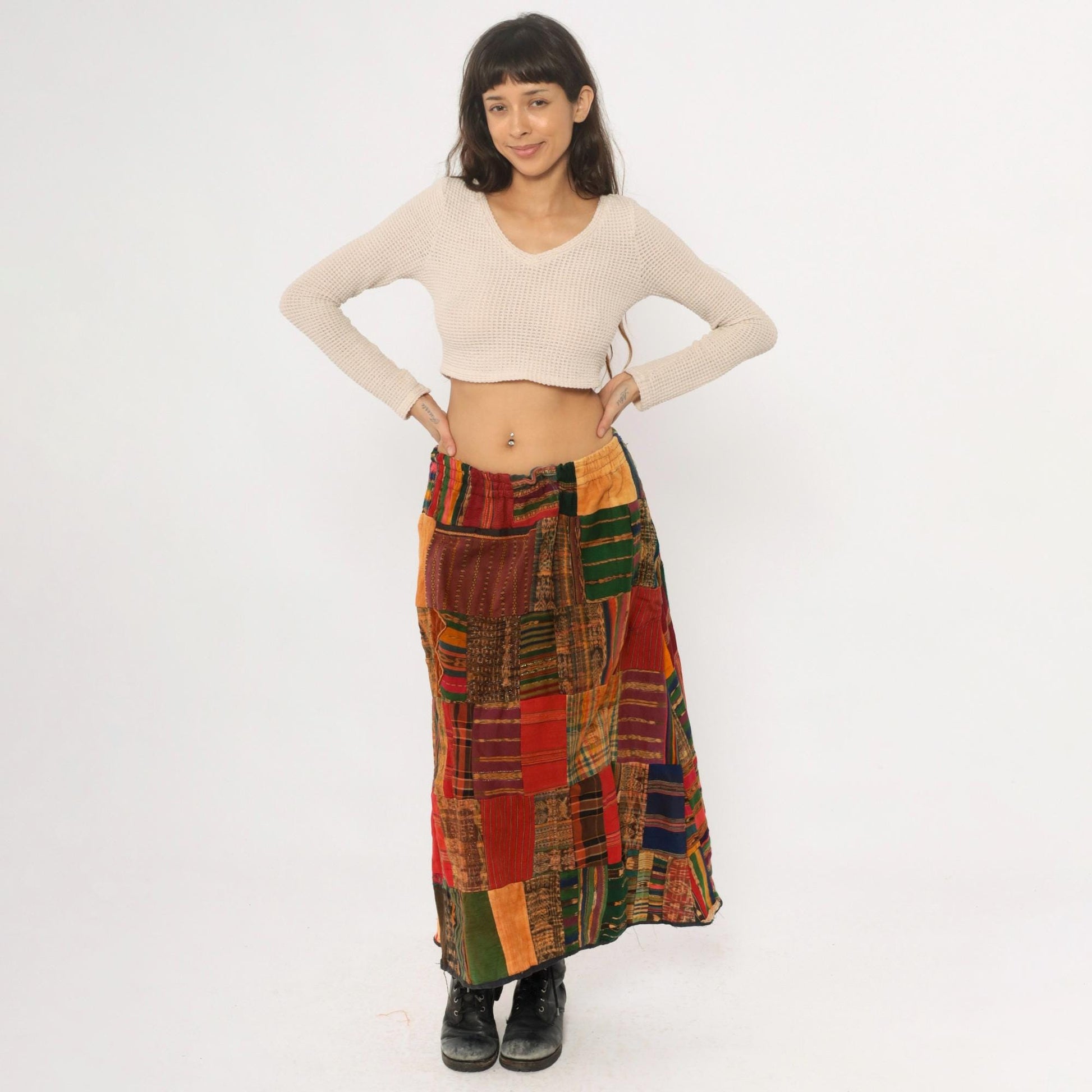90s Patchwork A-Line Skirt Multicolor Ethnic Striped Cotton Ankle Length Medium