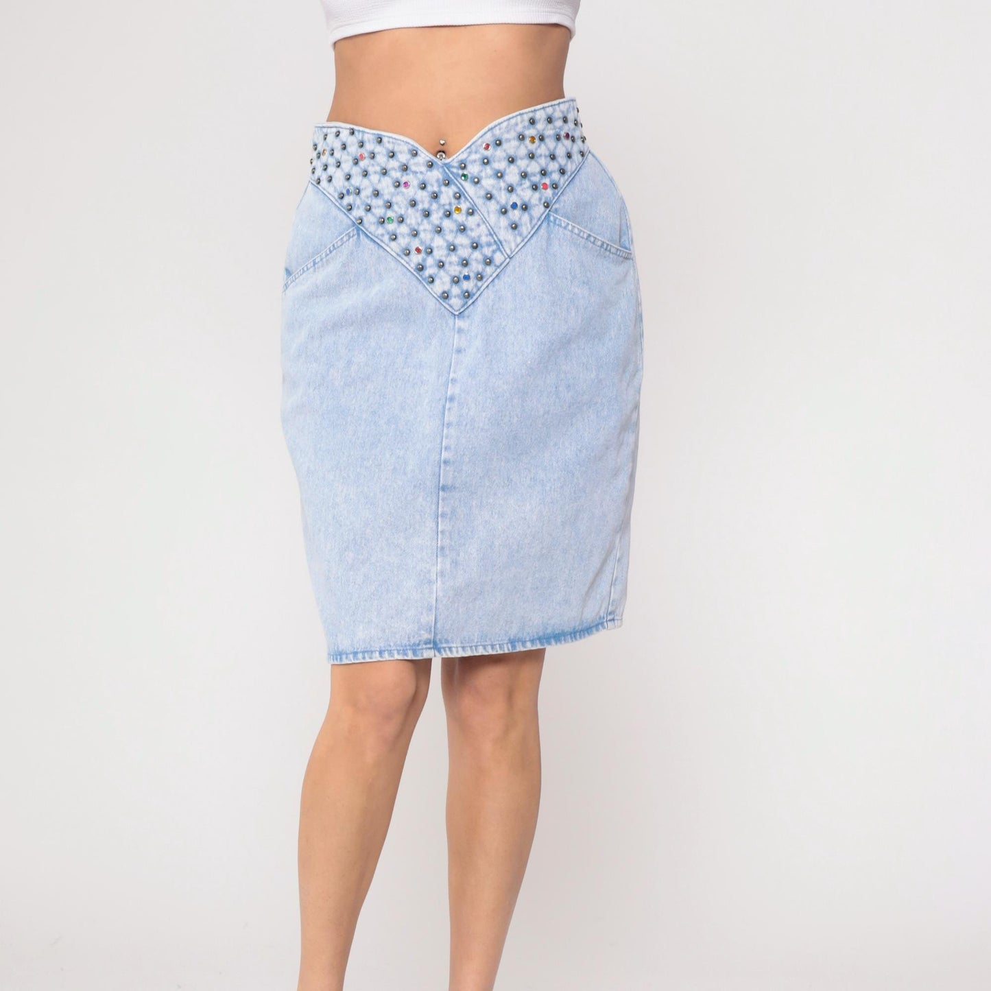 90s Opal Light Blue Studded Denim Mini Skirt Rhinestone High Waist Medium