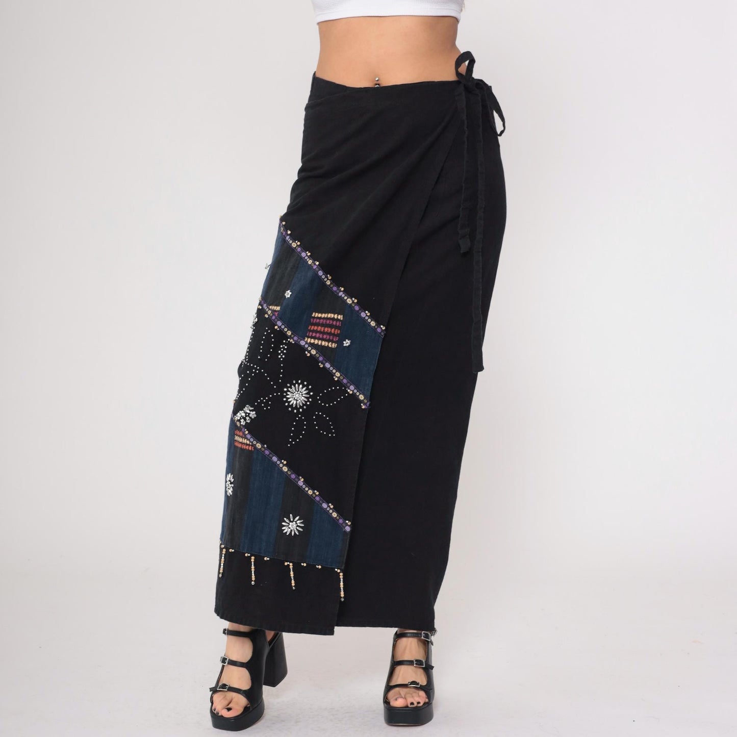 Y2K Black Wrap Skirt Beaded Navy Maxi Sequin Geometric Tribal Cotton Large