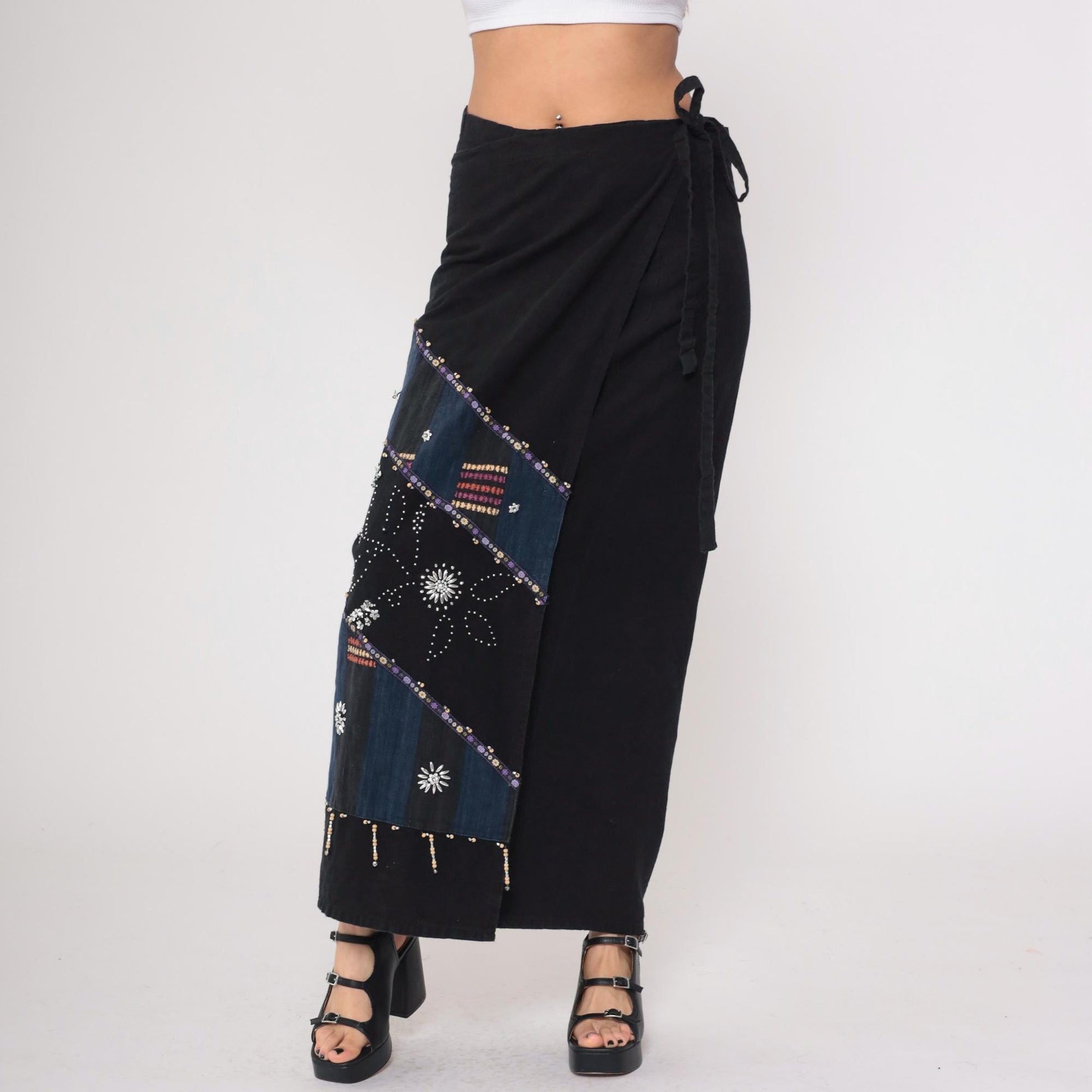 Y2K Black Wrap Skirt Beaded Navy Maxi Sequin Geometric Tribal Cotton Large