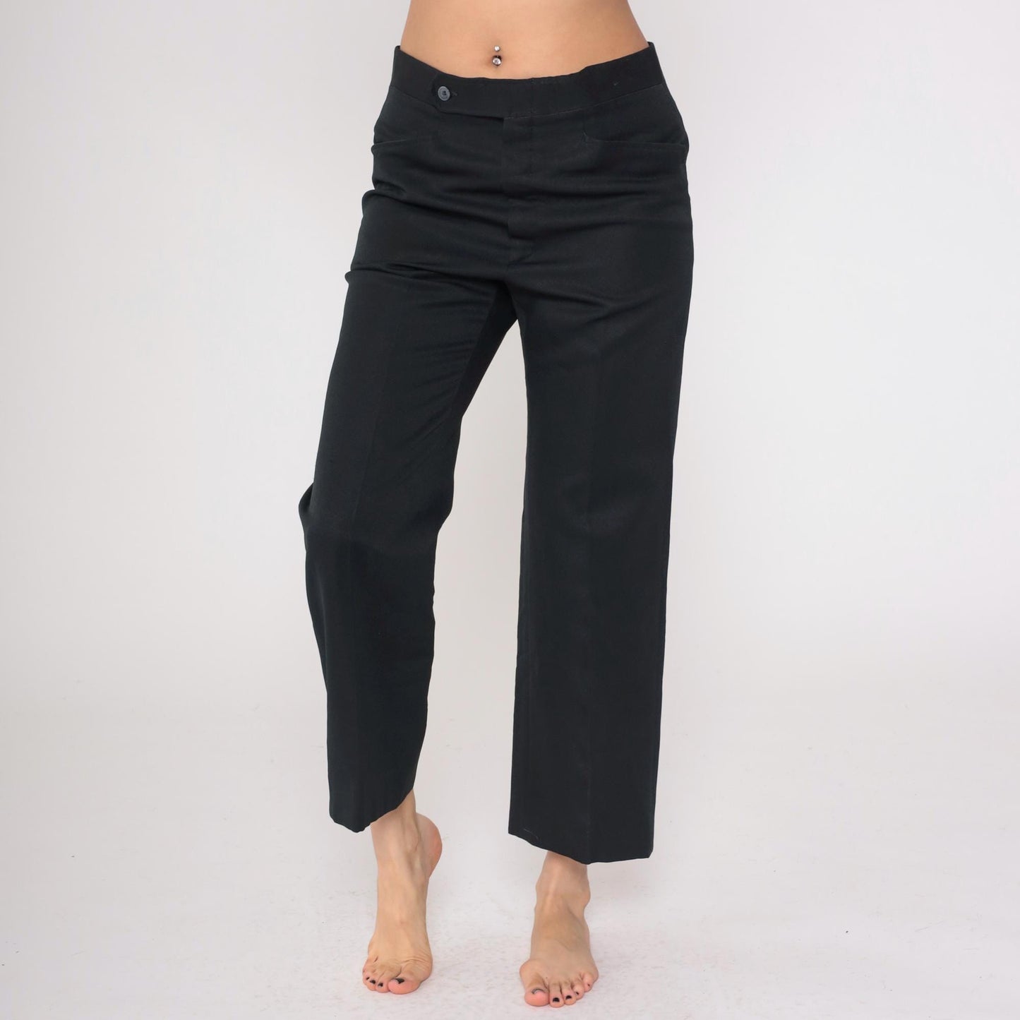 70s Black Expand-O-Matic High Waist Straight Leg Trousers Cropped Medium